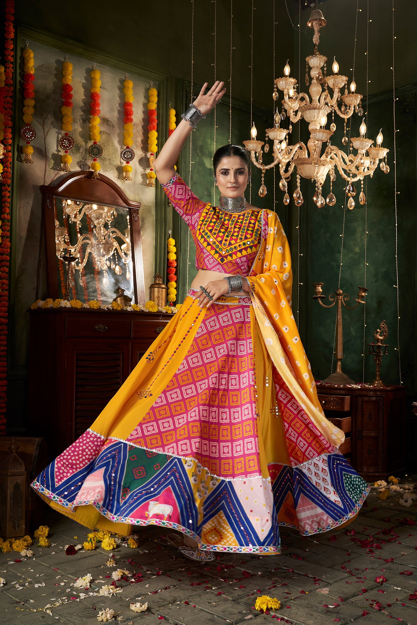 Yellow Muslin Cotton Mirror work Navratri Lehenga