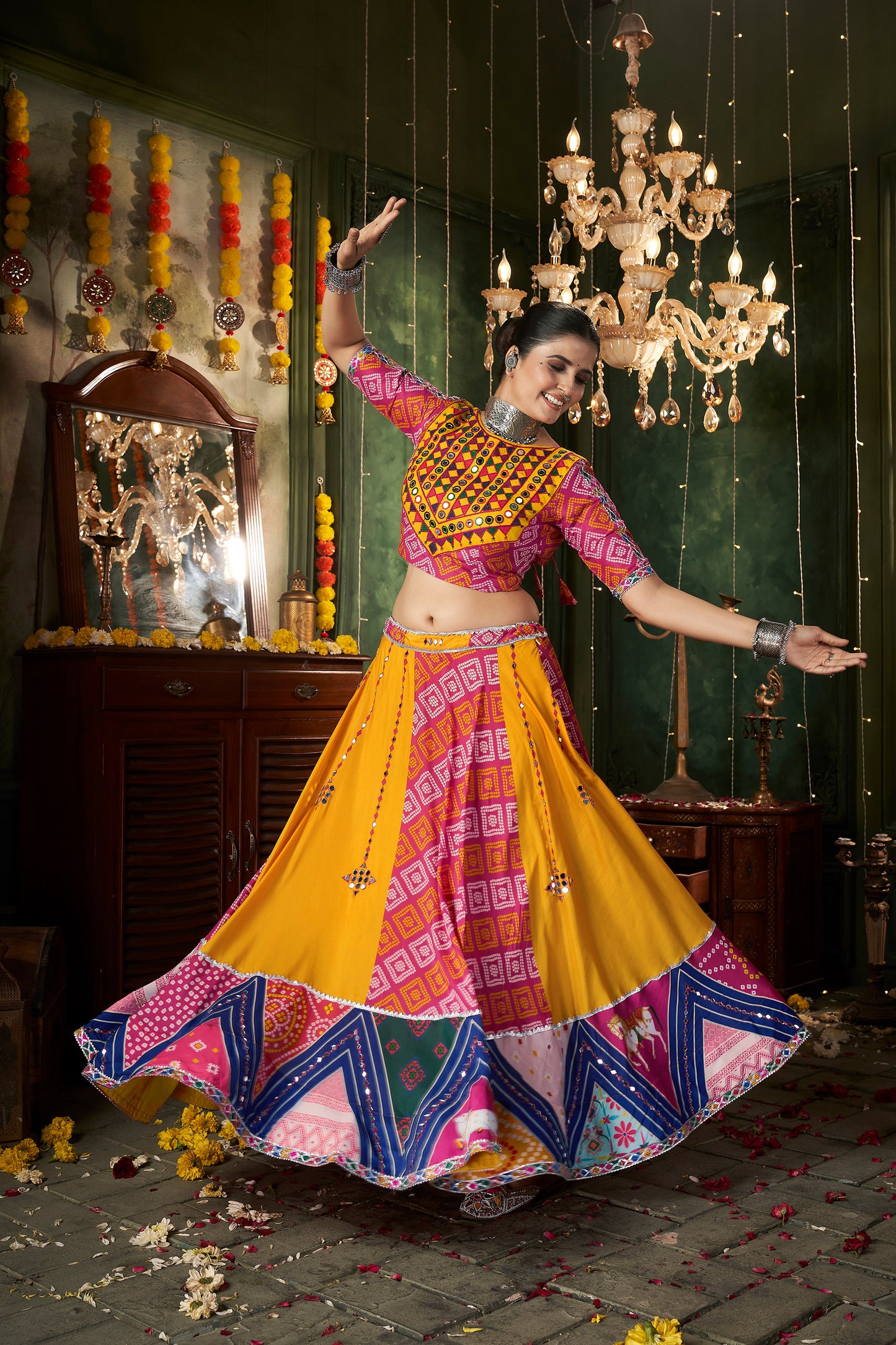 Yellow Muslin Cotton Mirror work Navratri Lehenga