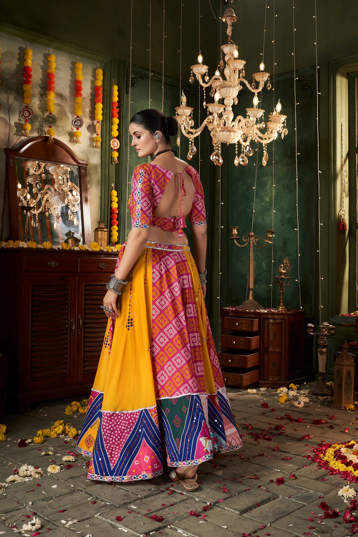 Yellow Muslin Cotton Mirror work Navratri Lehenga