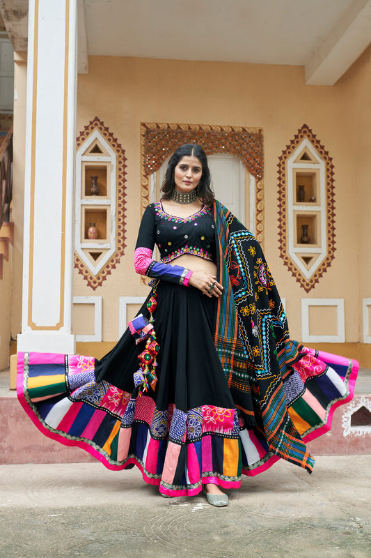 Black Viscose Rayon Mirror work Navratri Raas Lehenga