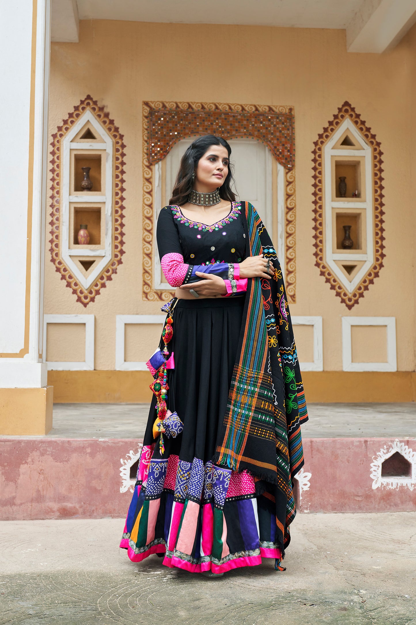 Black Viscose Rayon Mirror work Navratri Raas Lehenga