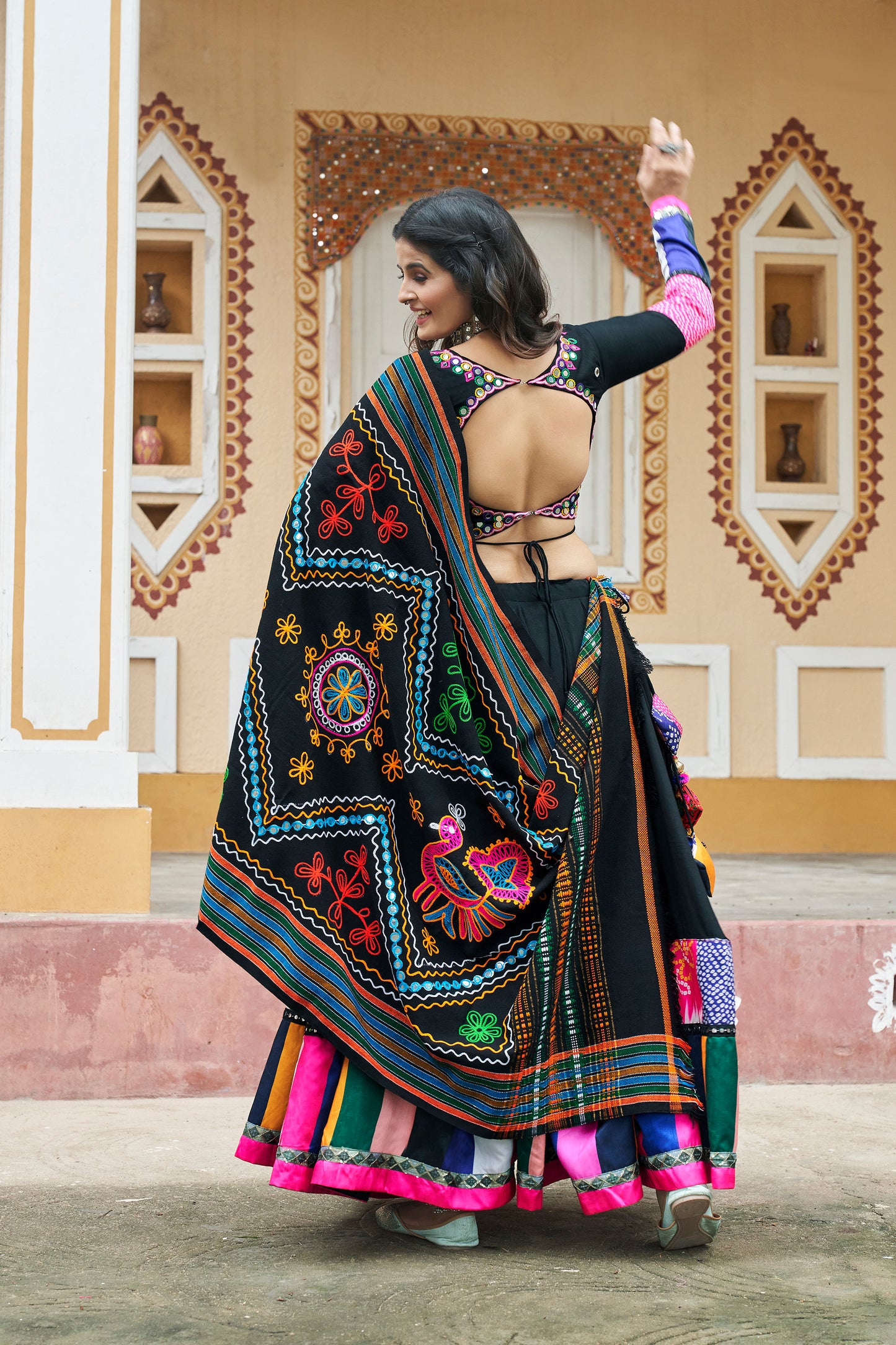 Black Viscose Rayon Mirror work Navratri Raas Lehenga