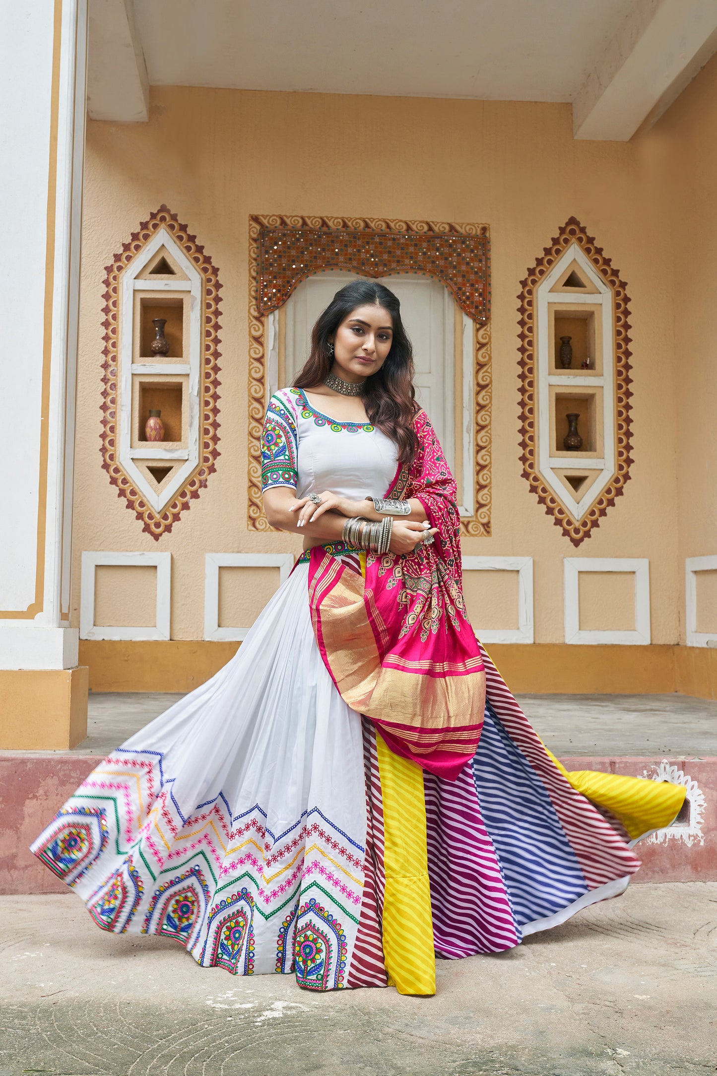 White Muslin Cotton Mirror work Navratri Raas Lehenga