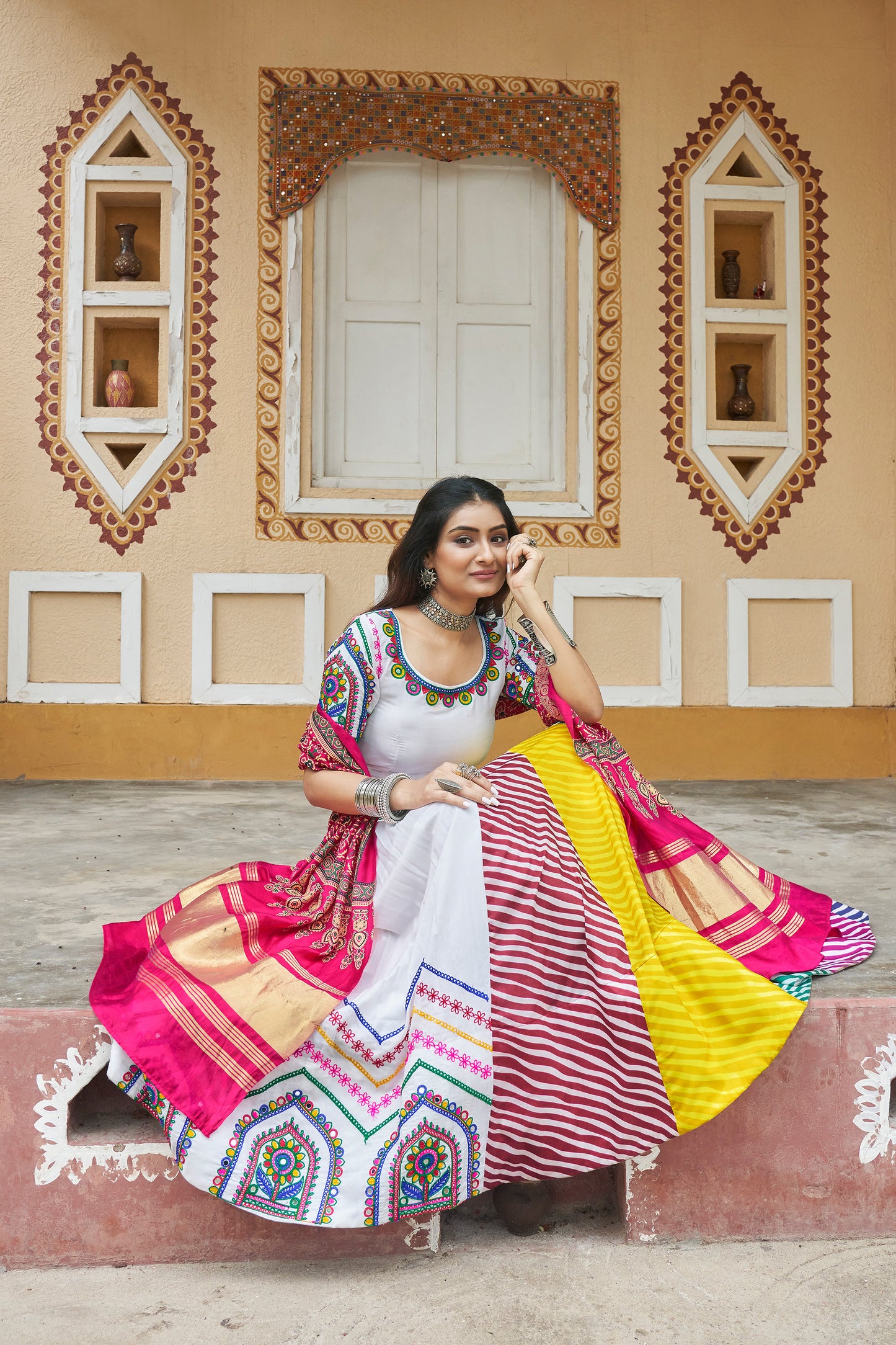 White Muslin Cotton Mirror work Navratri Raas Lehenga