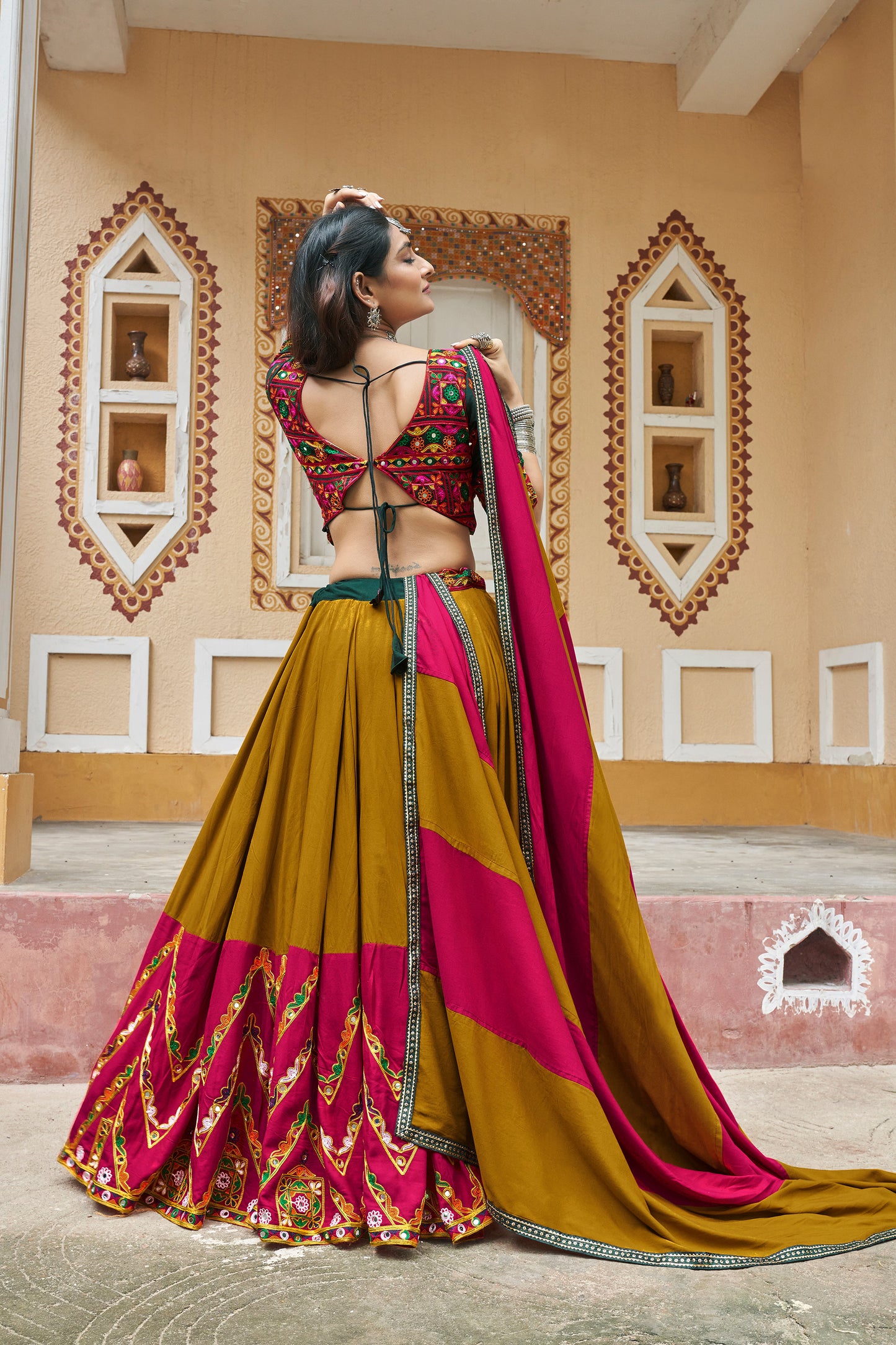 Mustard Yellow Viscose Rayon Mirror work Navratri Raas Lehenga