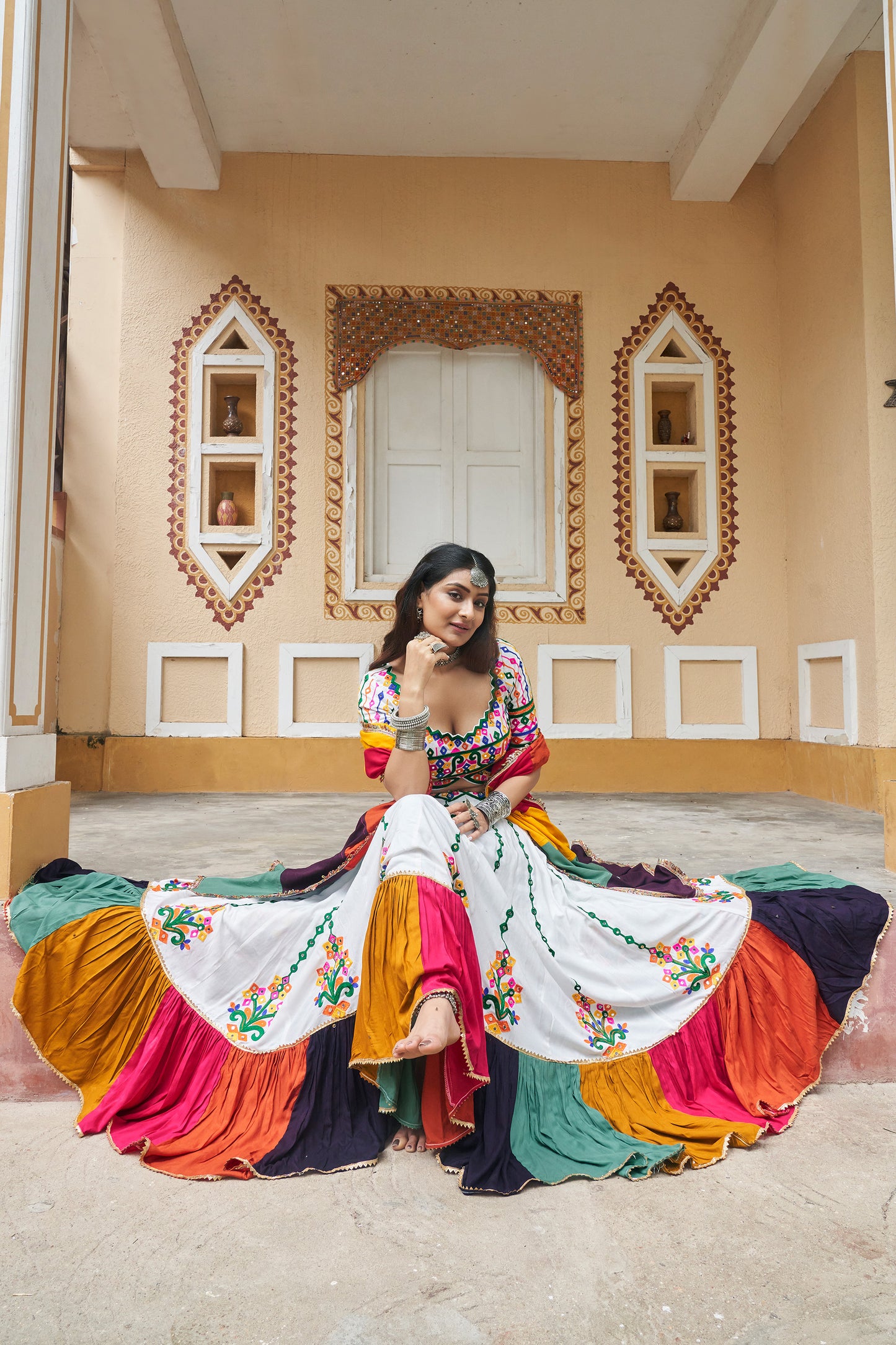 White Viscose Rayon Mirror embroidered Navratri Raas Lehenga