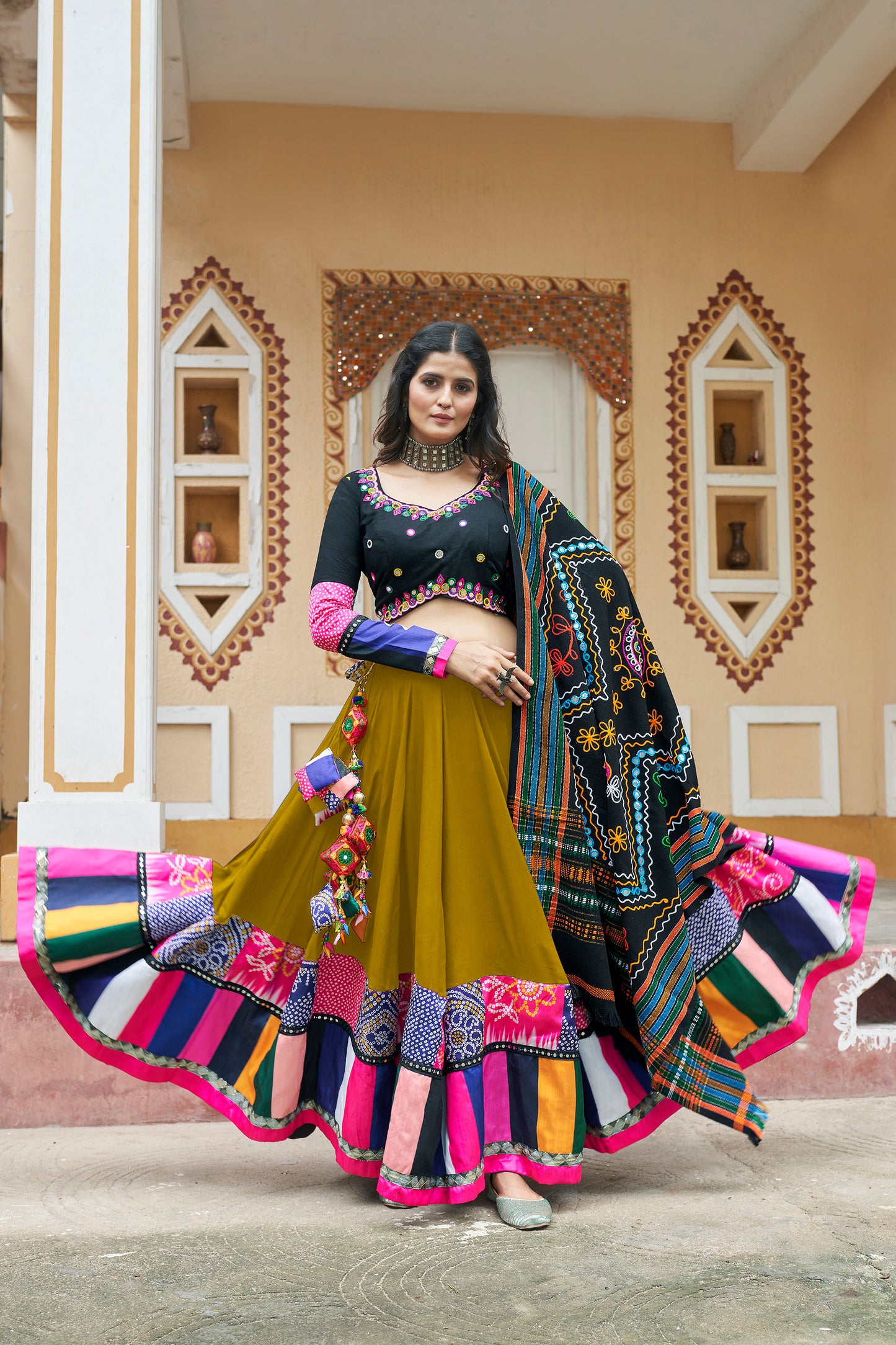 Green viscose rayon printed Navratri Raas Lehenga