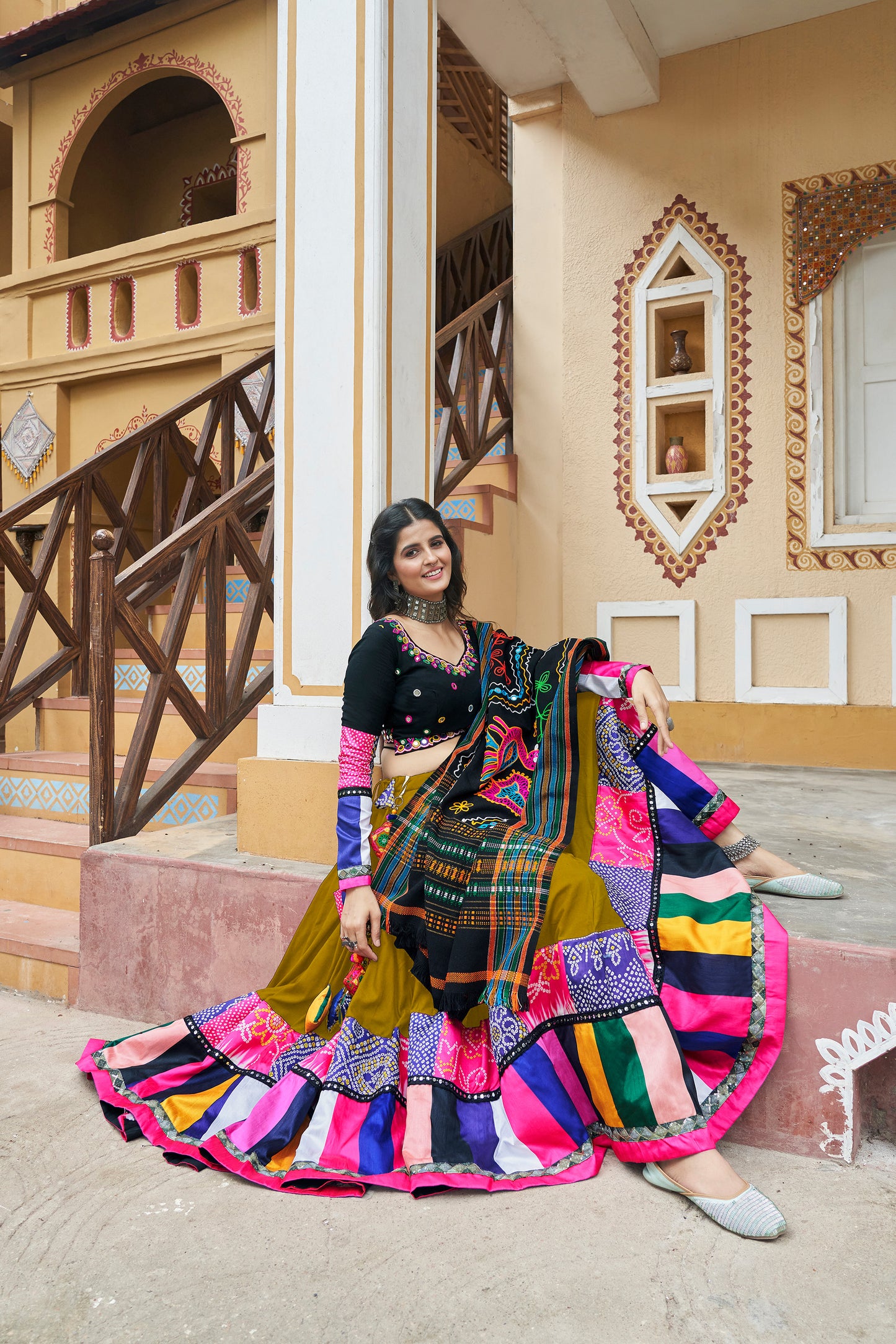 Green viscose rayon printed Navratri Raas Lehenga