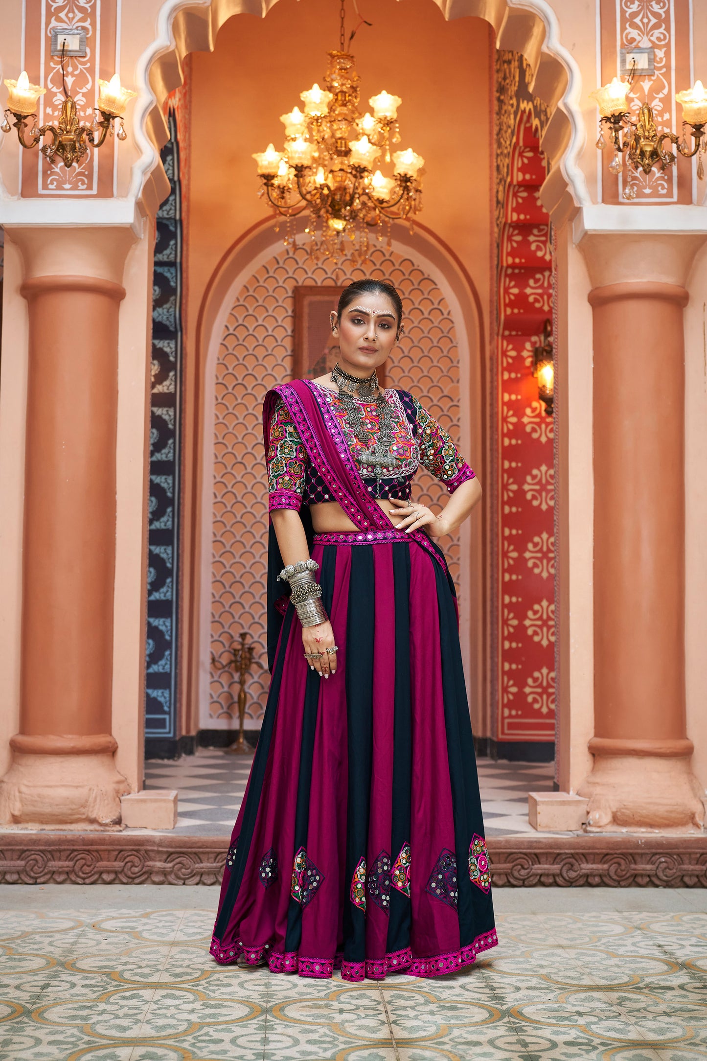 Black and Pink viscose rayon Embroidered Navratri Ras Lehenga