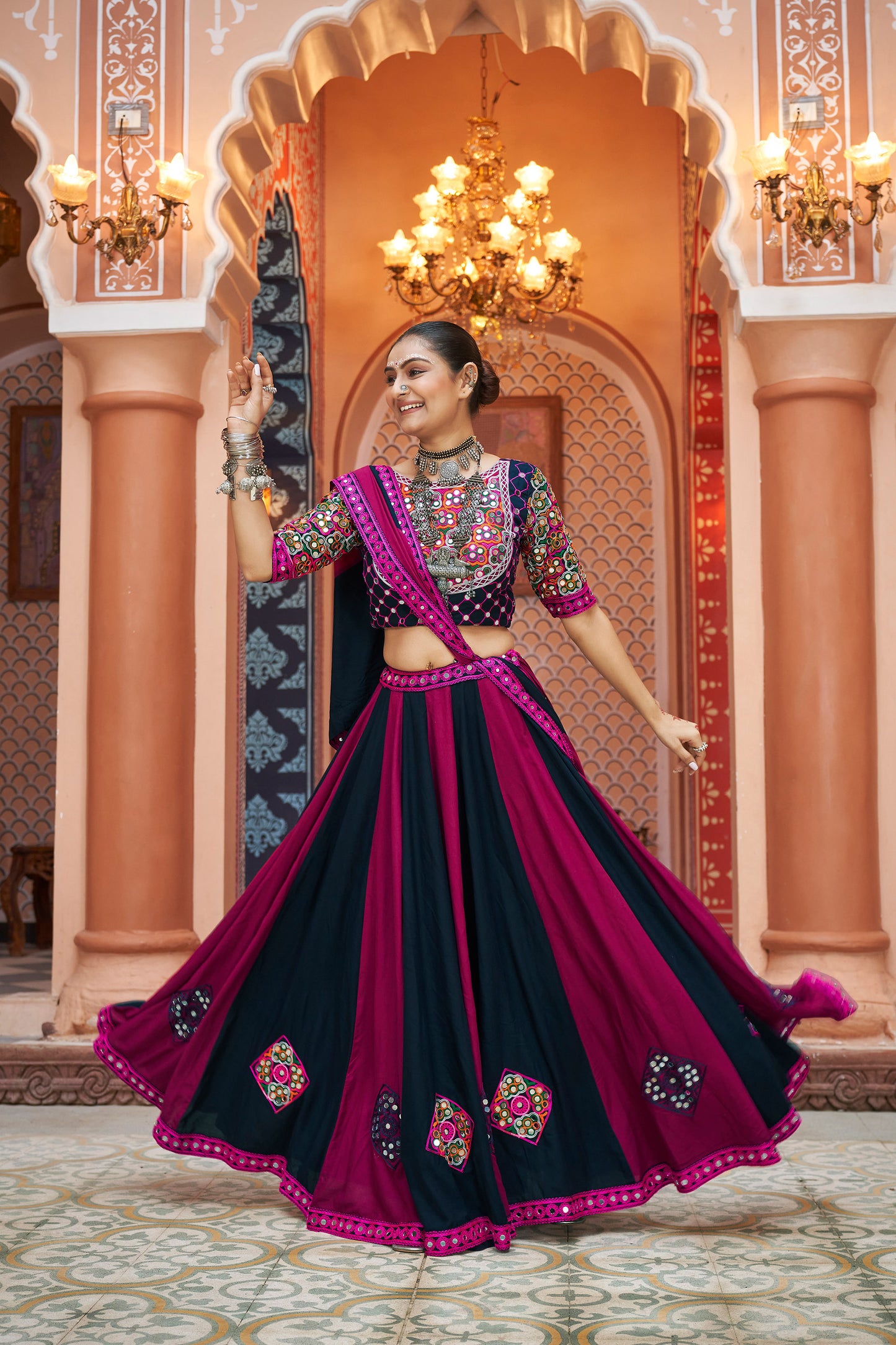 Black and Pink viscose rayon Embroidered Navratri Ras Lehenga