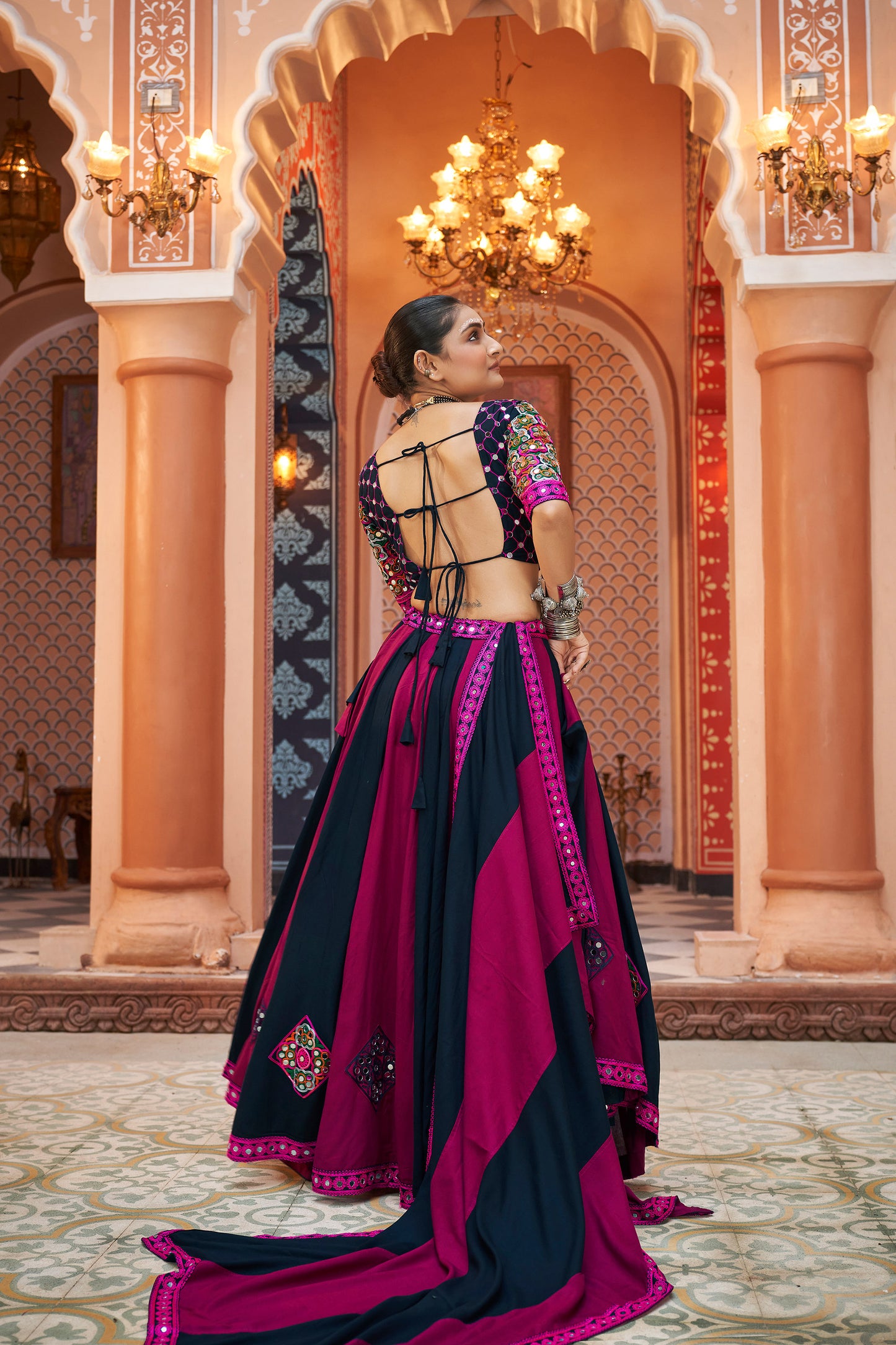 Black and Pink viscose rayon Embroidered Navratri Ras Lehenga