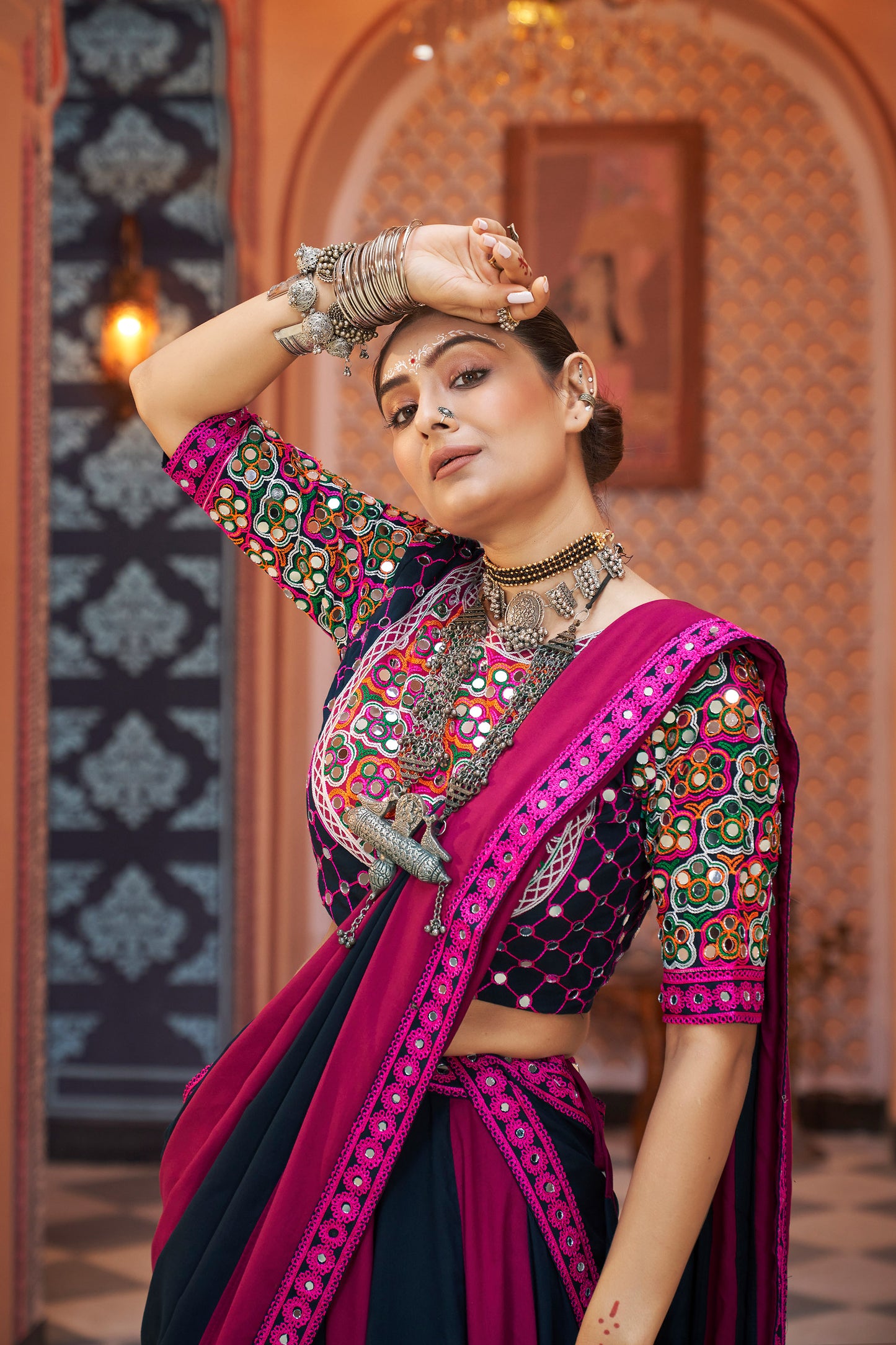 Black and Pink viscose rayon Embroidered Navratri Ras Lehenga