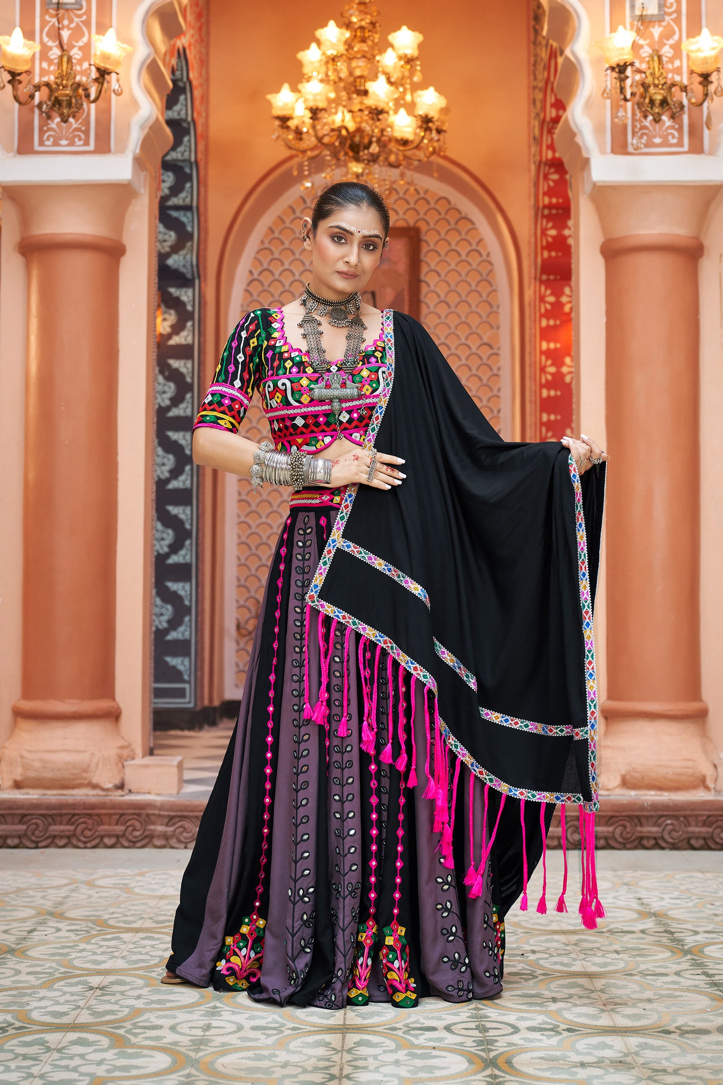 Black viscose rayon Embroidered Ras Navratri Lehenga