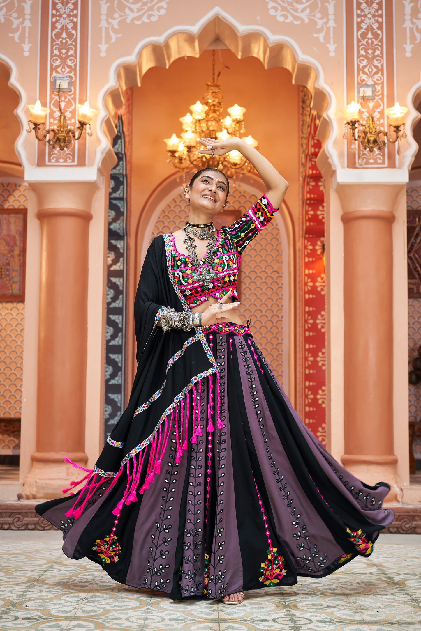 Black viscose rayon Embroidered Ras Navratri Lehenga