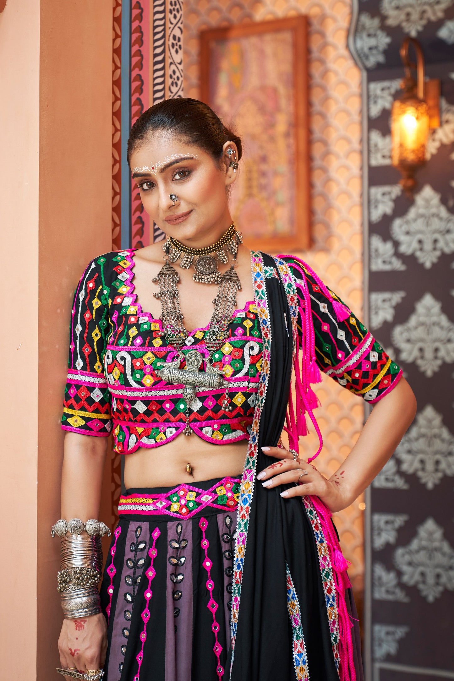 Black viscose rayon Embroidered Ras Navratri Lehenga