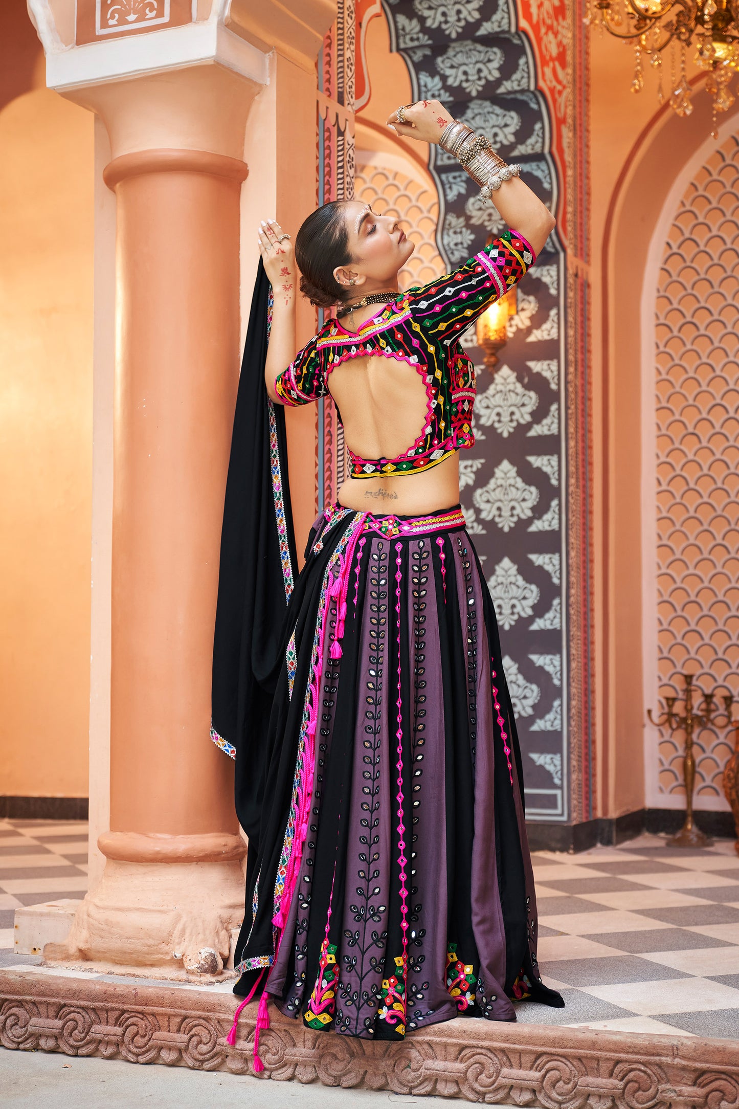 Black viscose rayon Embroidered Ras Navratri Lehenga