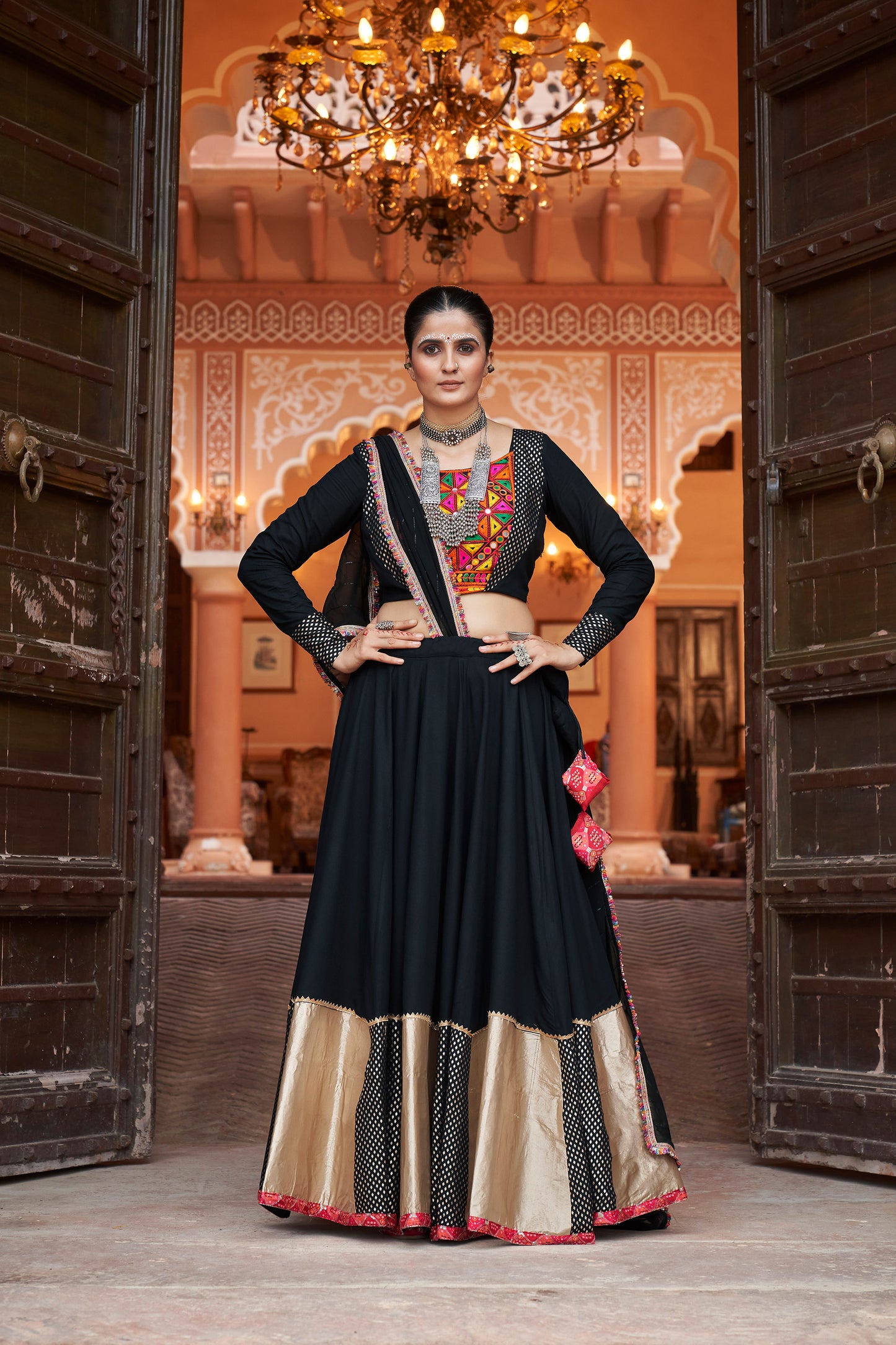 Black viscose rayon Foil Work Navratri Lehenga