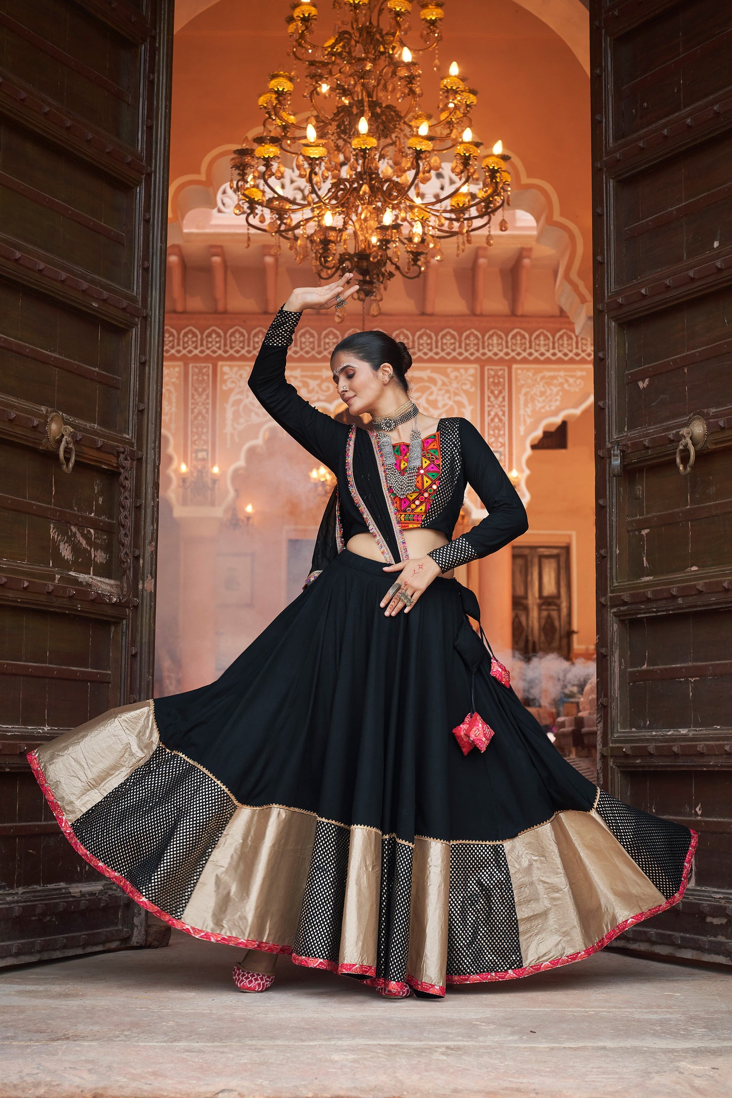 Black viscose rayon Foil Work Navratri Lehenga