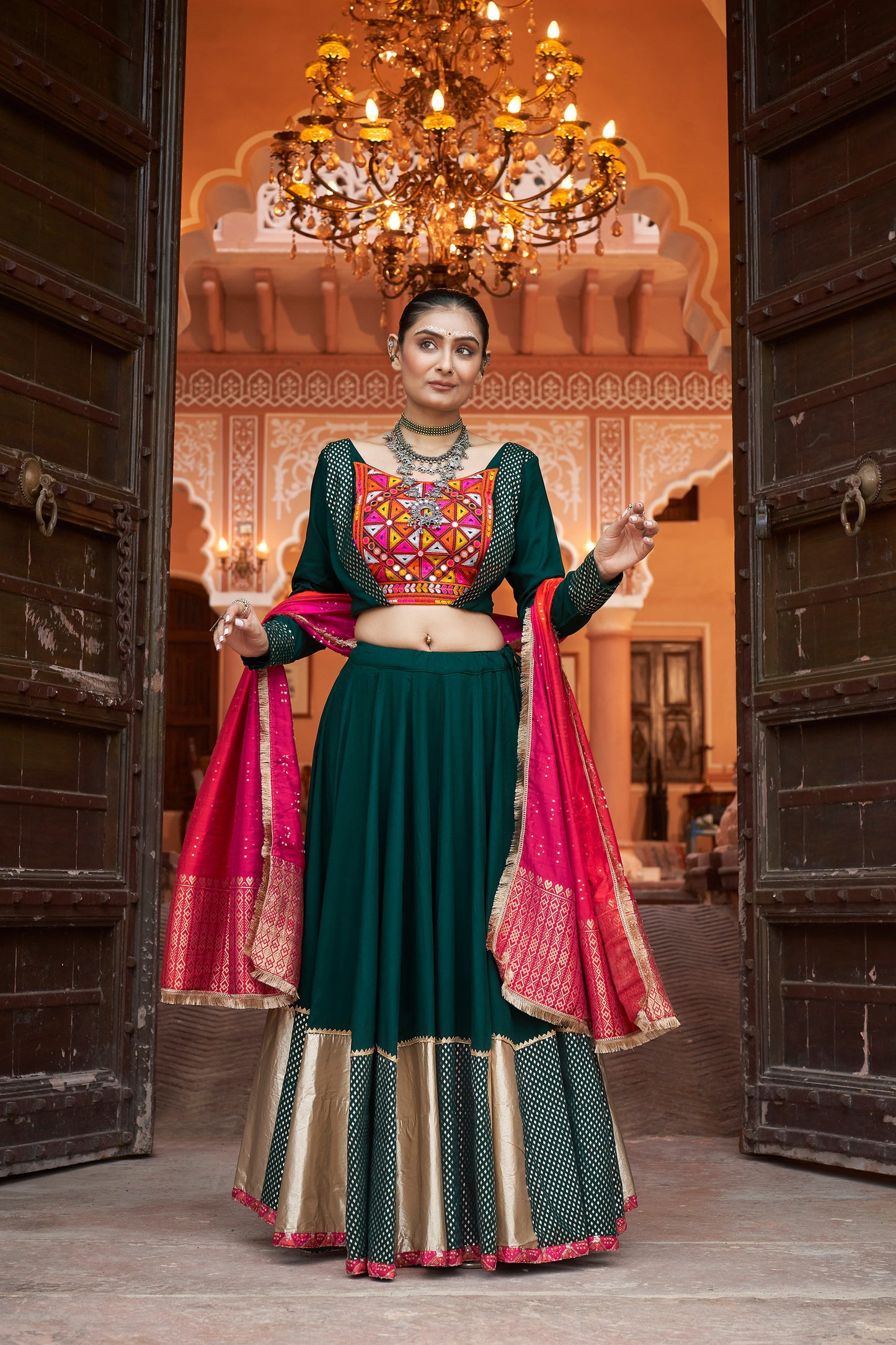 Green viscose rayon Foil Work Navratri Lehenga