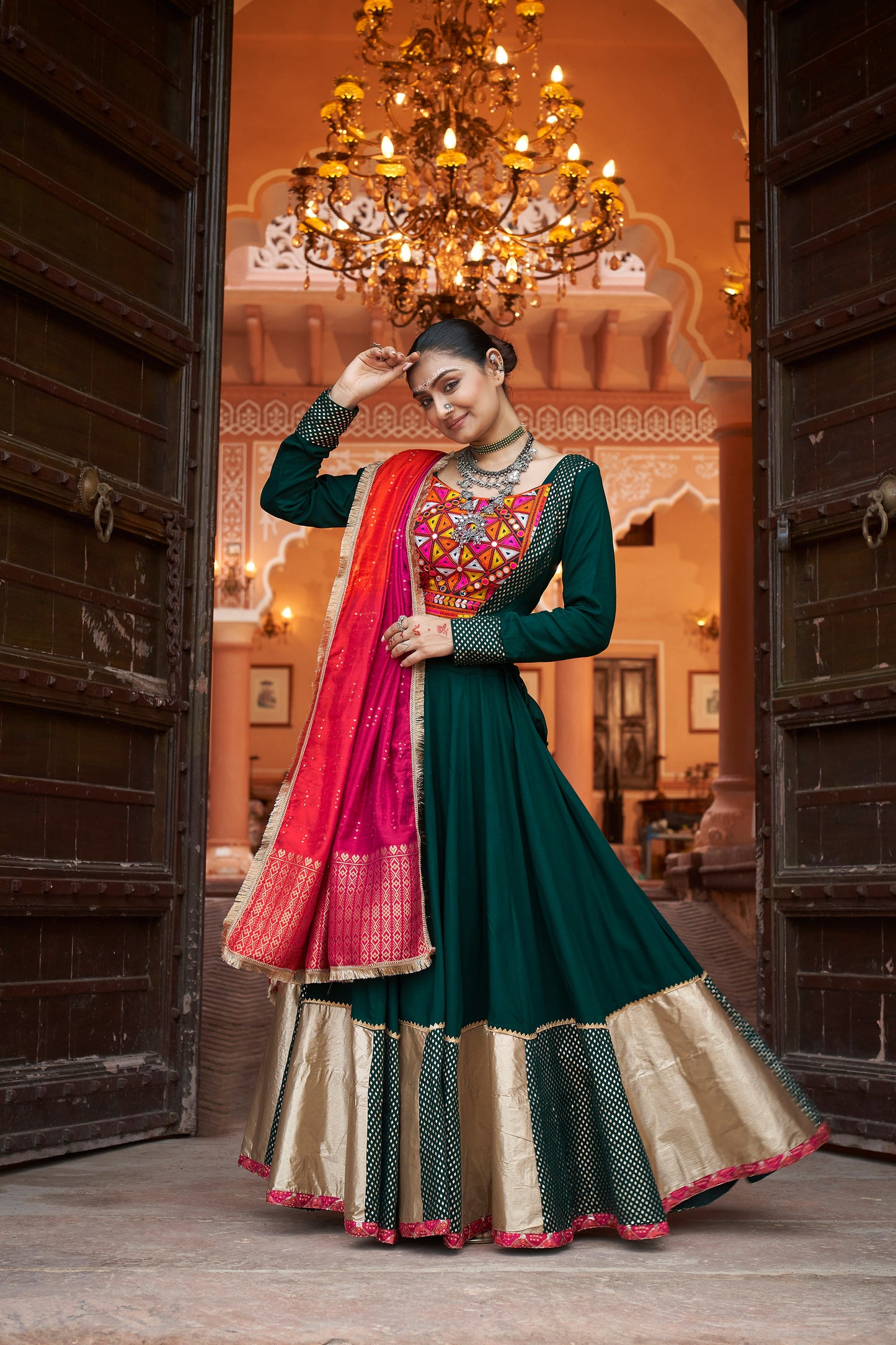 Green viscose rayon Foil Work Navratri Lehenga