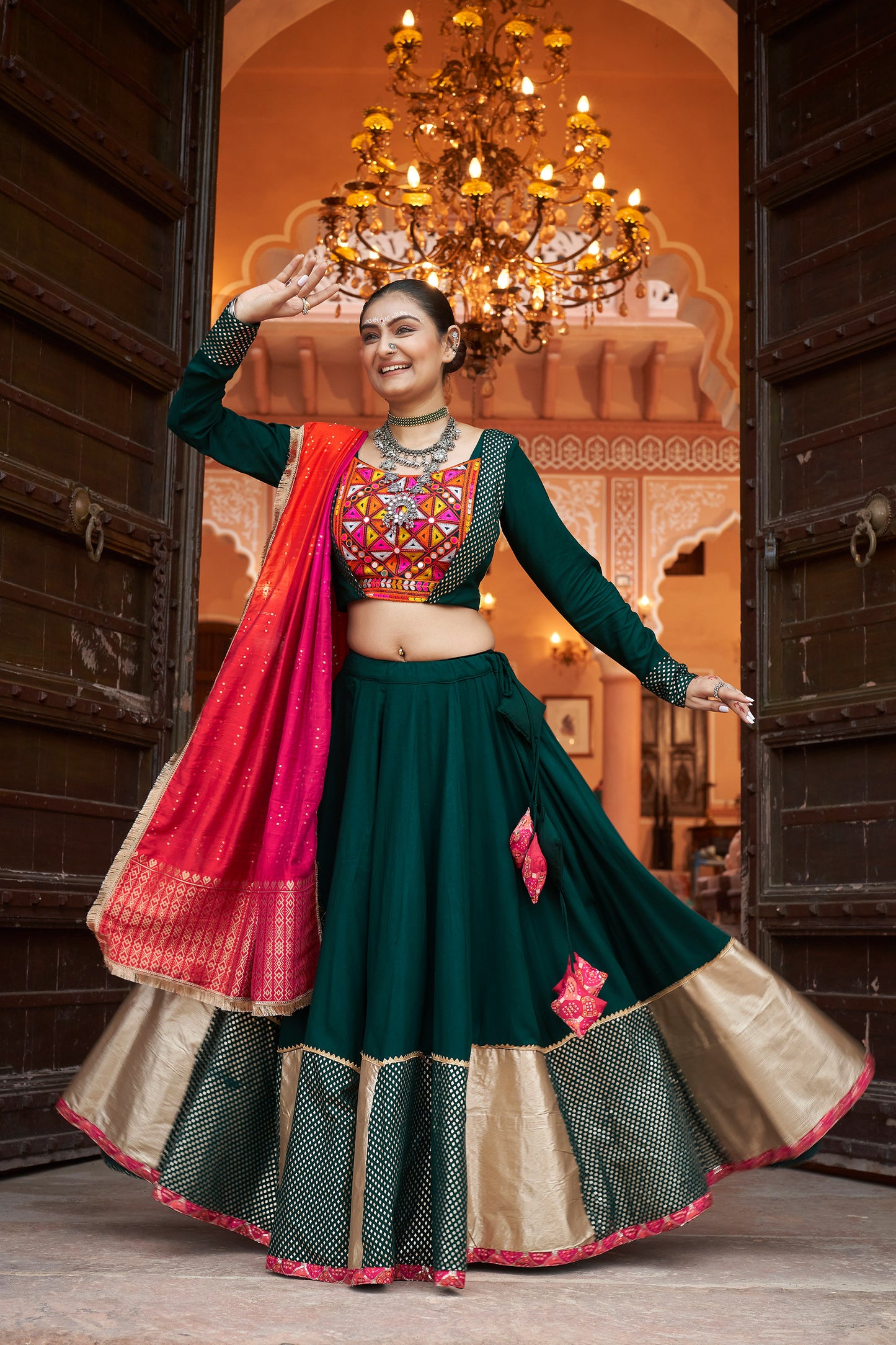 Green viscose rayon Foil Work Navratri Lehenga