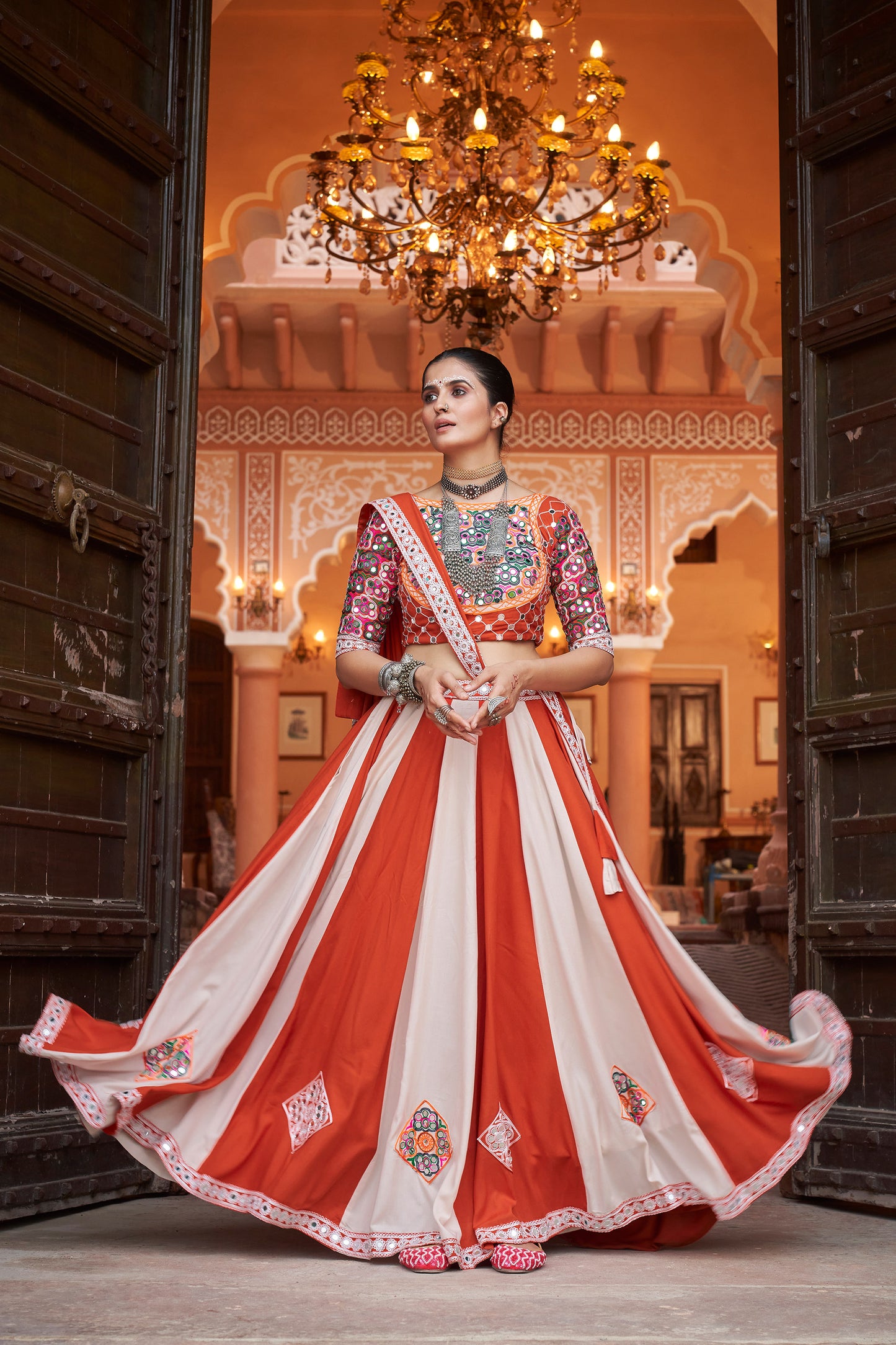 White and Red viscose rayon Embroidered Ras Navratri Lehenga