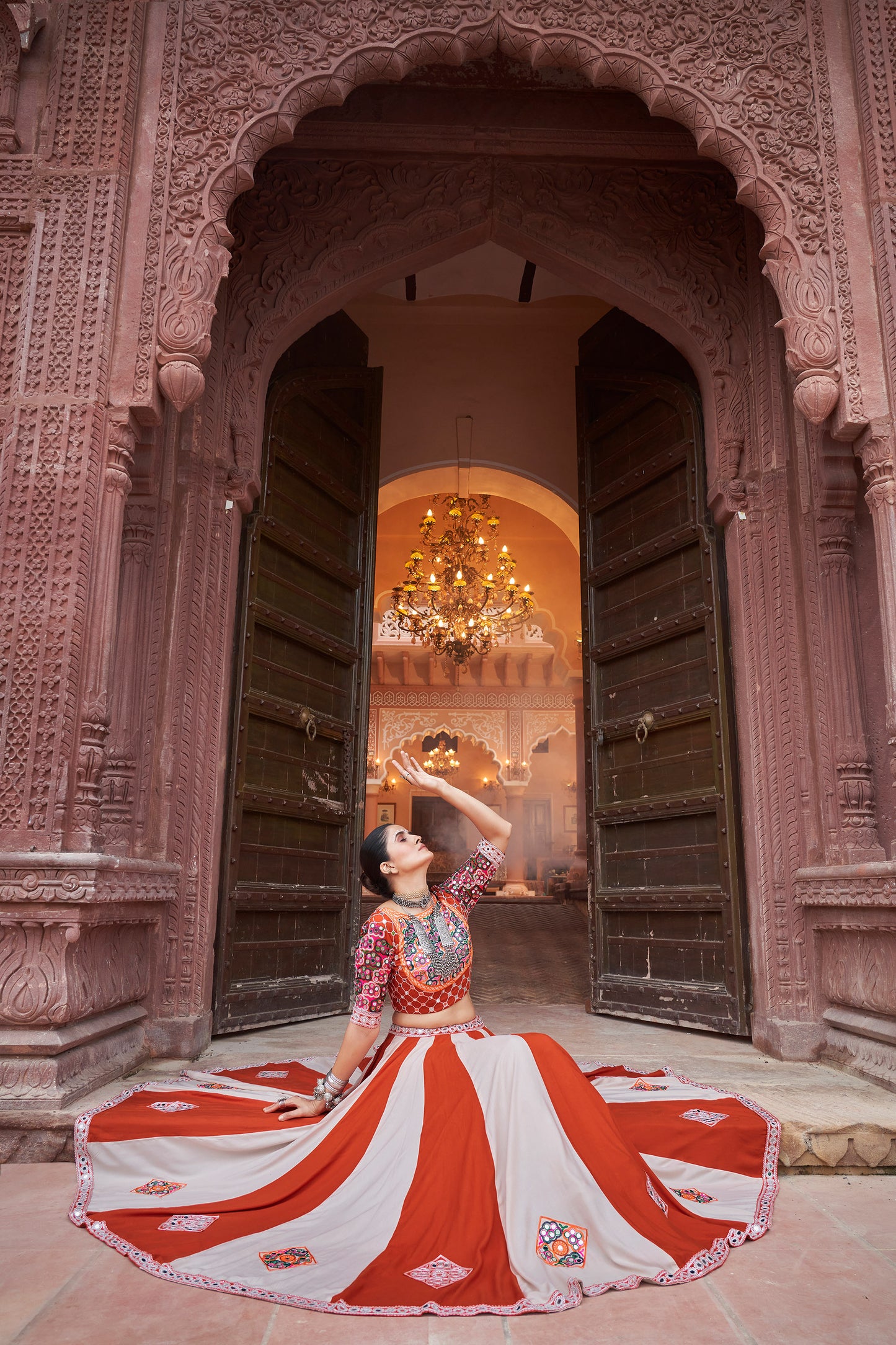 White and Red viscose rayon Embroidered Ras Navratri Lehenga