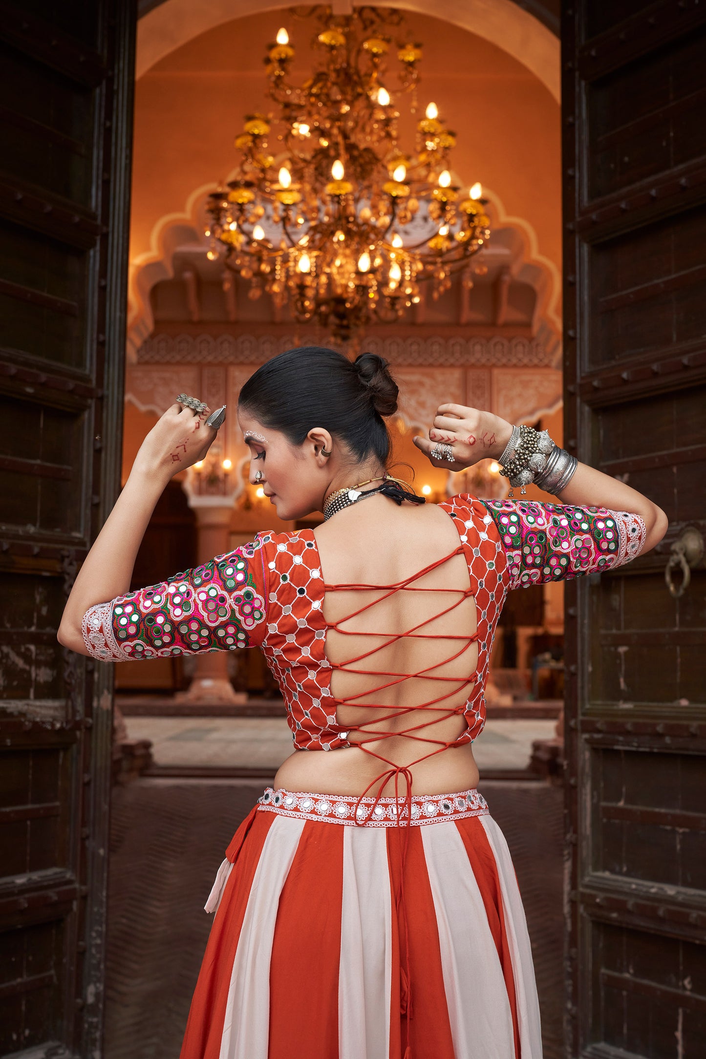 White and Red viscose rayon Embroidered Ras Navratri Lehenga