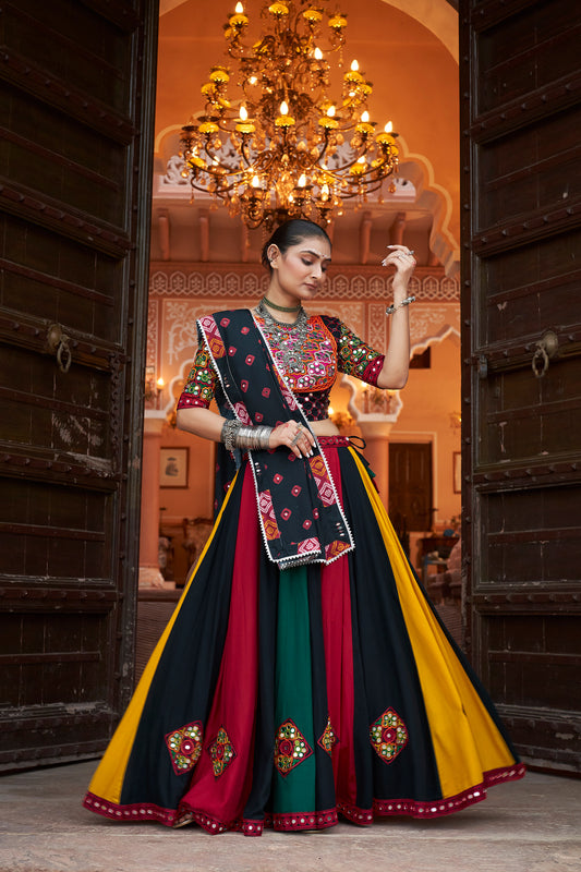 Black multi color viscose rayon Embroidered Ras Navratri Lehenga