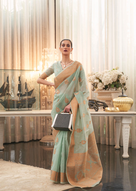 Mint Green Kthiya Pure Linen Saree