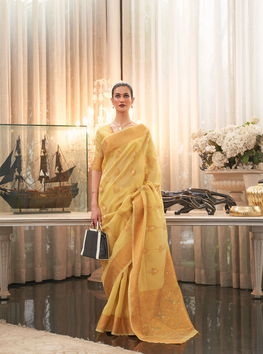 Yellow Kthiya Pure Linen Saree