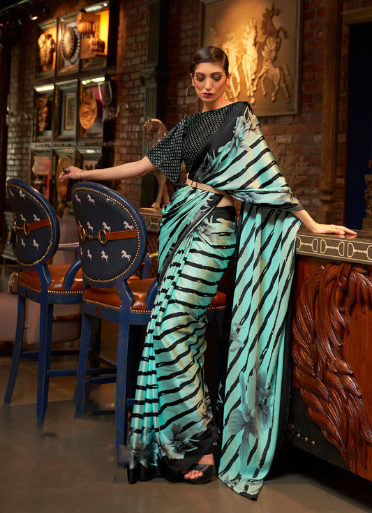 Turquoise and Black stripes Kalizey Printed Japan Satin Saree