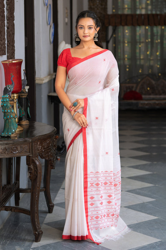 Handloom White Pure Cotton Laal Paar Jamdani Saree