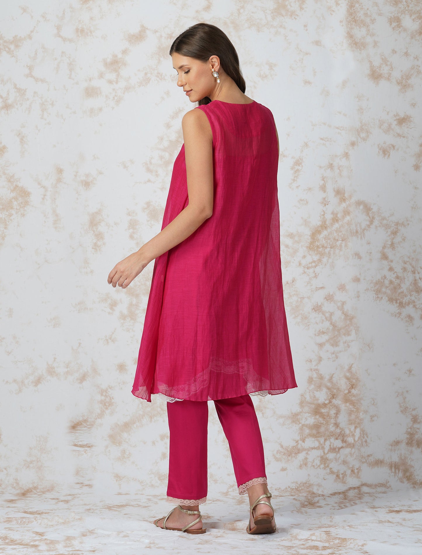 Baroque Flower Asymmetric Hot Pink Tunic Set