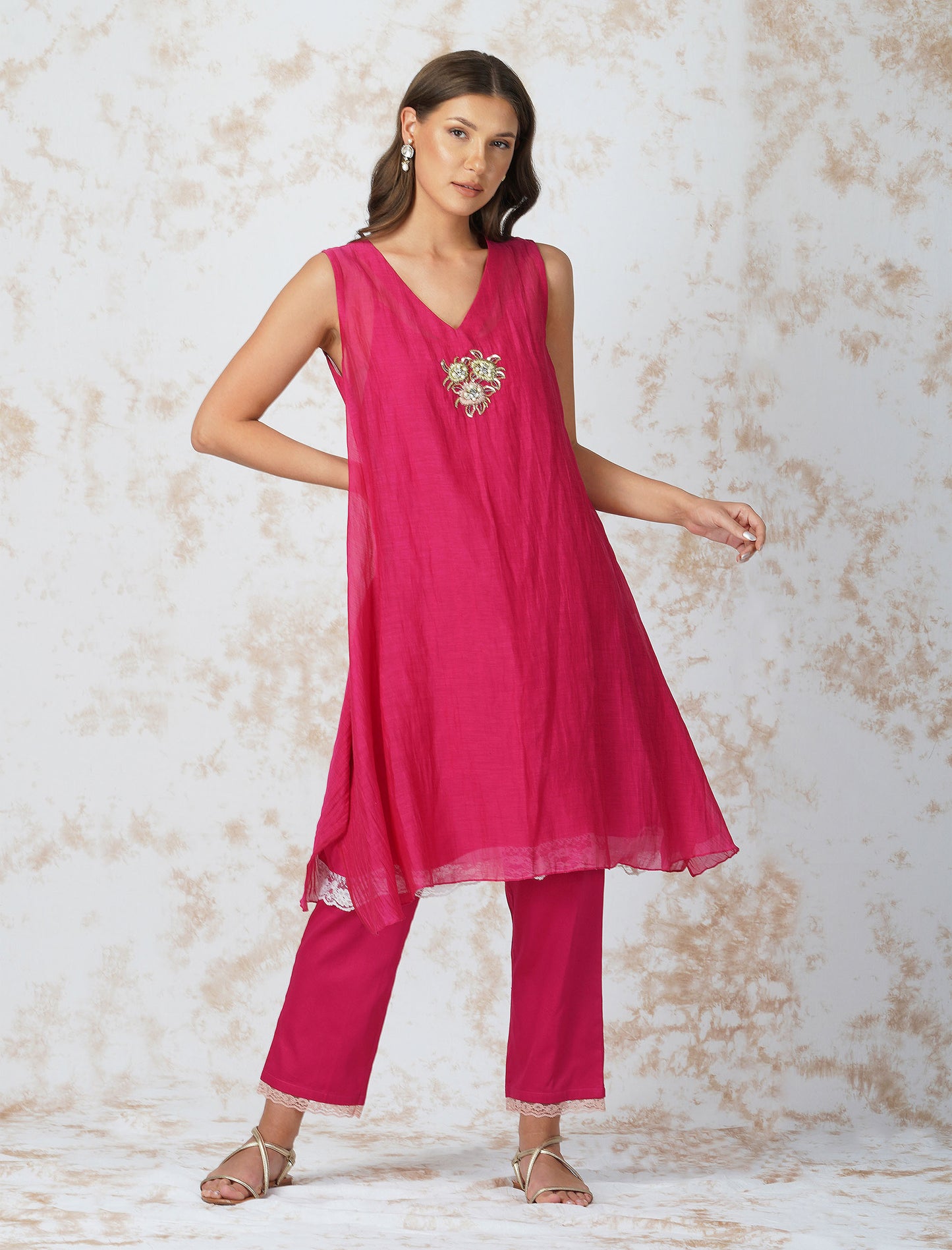 Baroque Flower Asymmetric Hot Pink Tunic Set