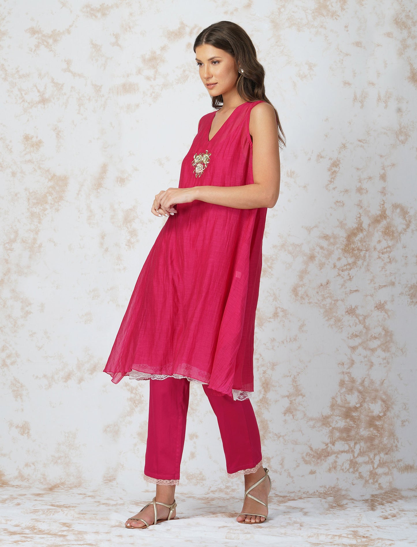 Baroque Flower Asymmetric Hot Pink Tunic Set