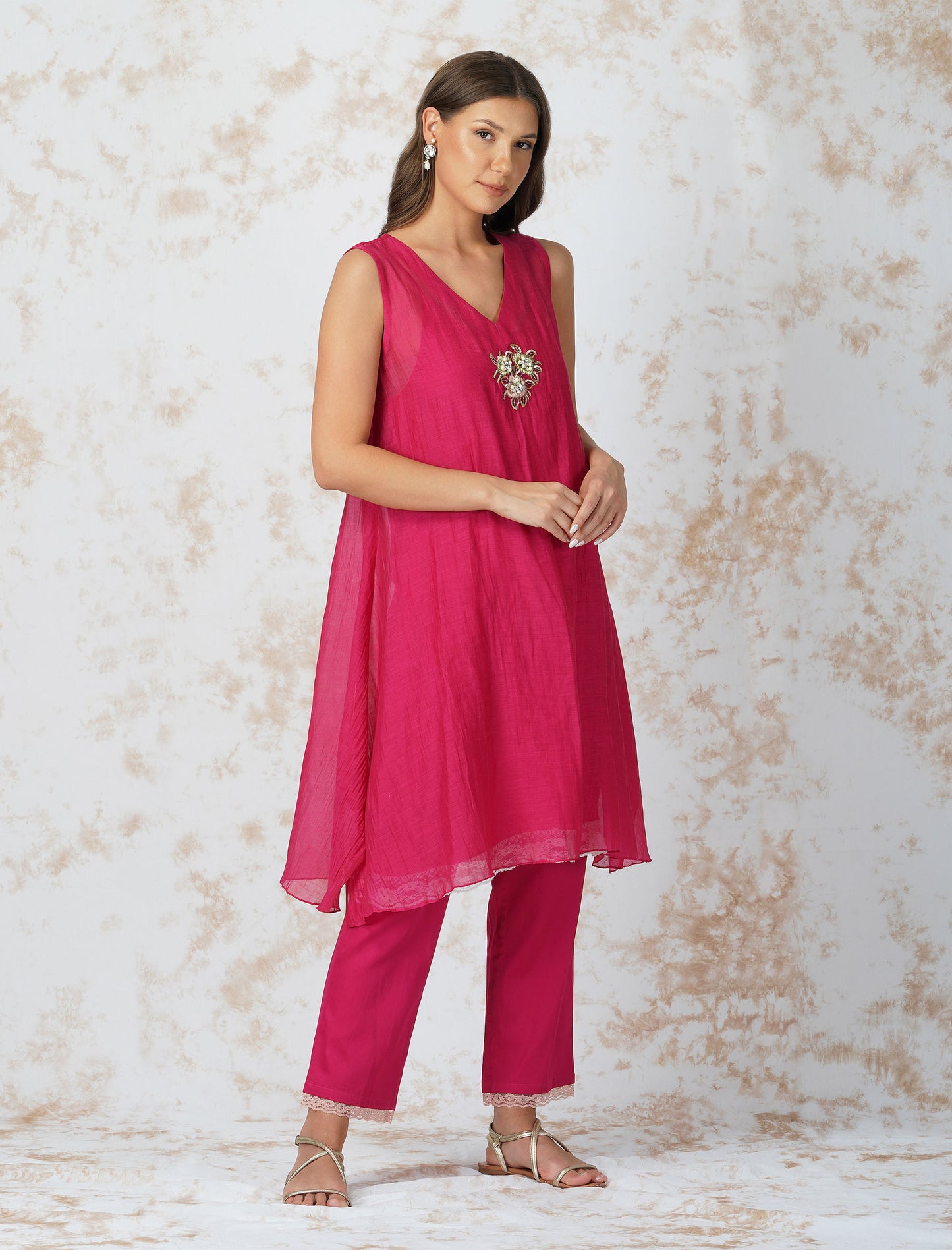 Baroque Flower Asymmetric Hot Pink Tunic Set