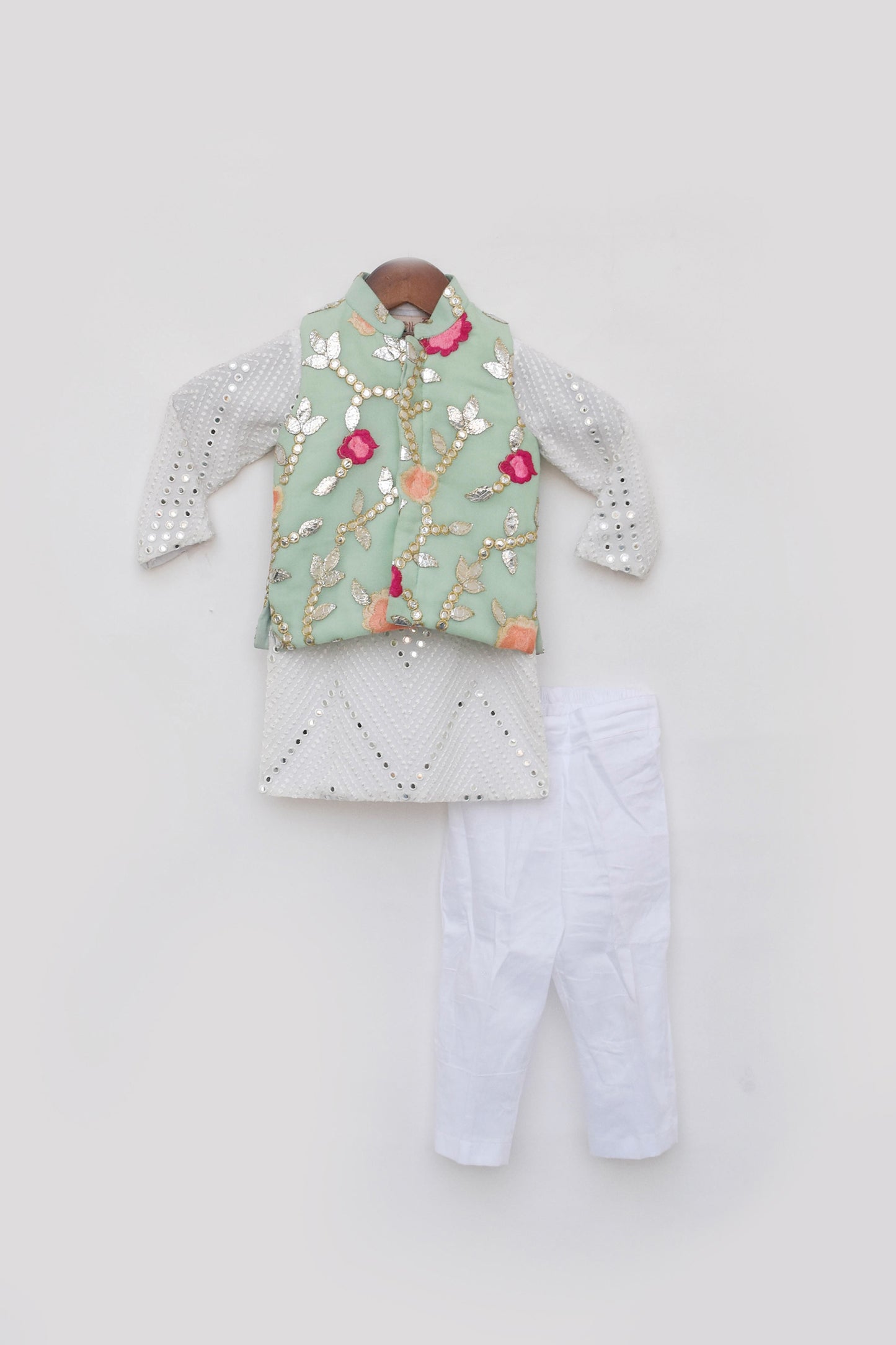 Pista Green Gotta Embroidery Jacket And White Mirror Kurta Pant