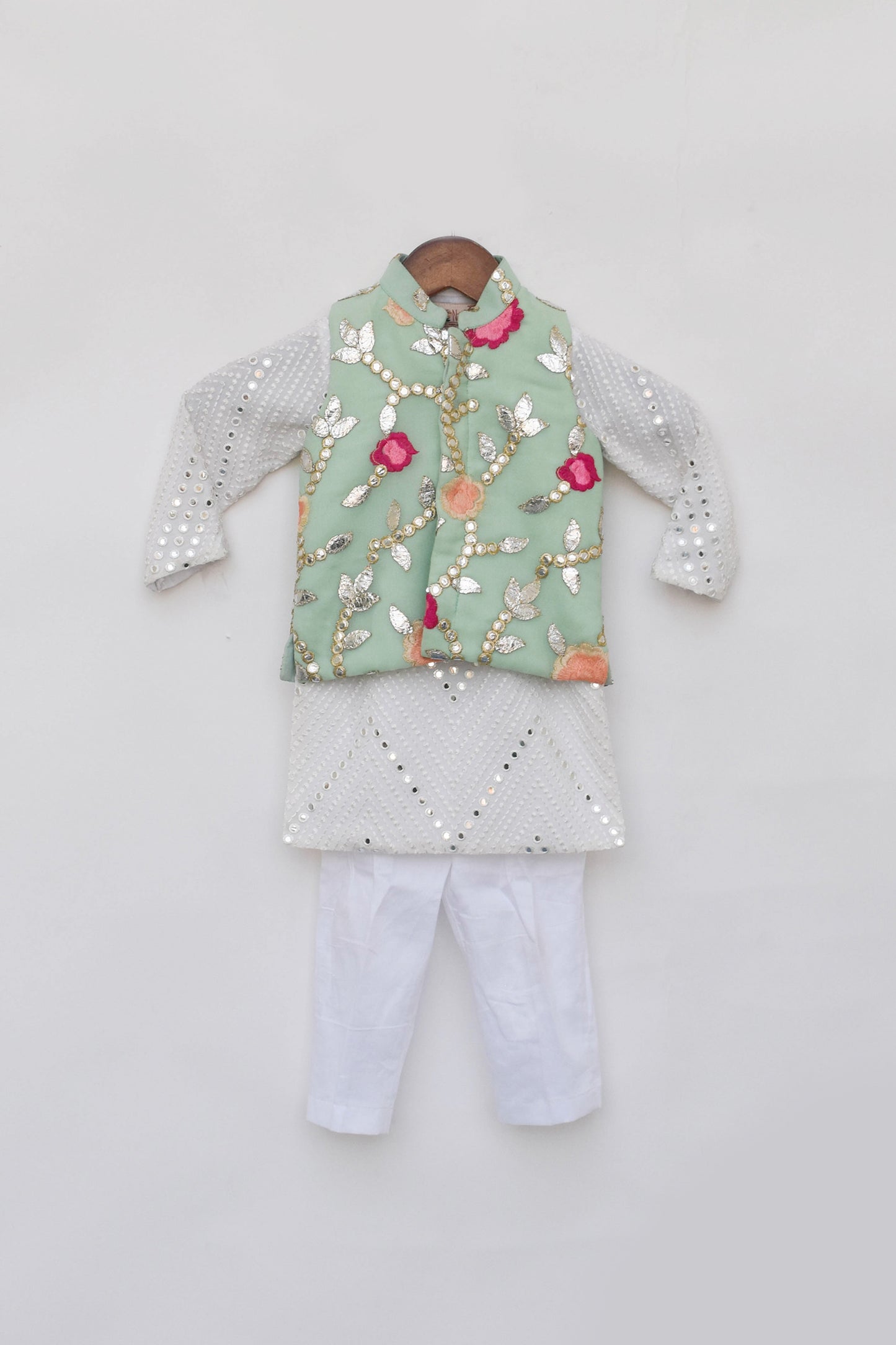 Pista Green Gotta Embroidery Jacket And White Mirror Kurta Pant