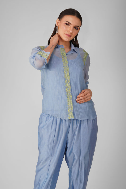 Blue Flower Border Shirt Set Blue