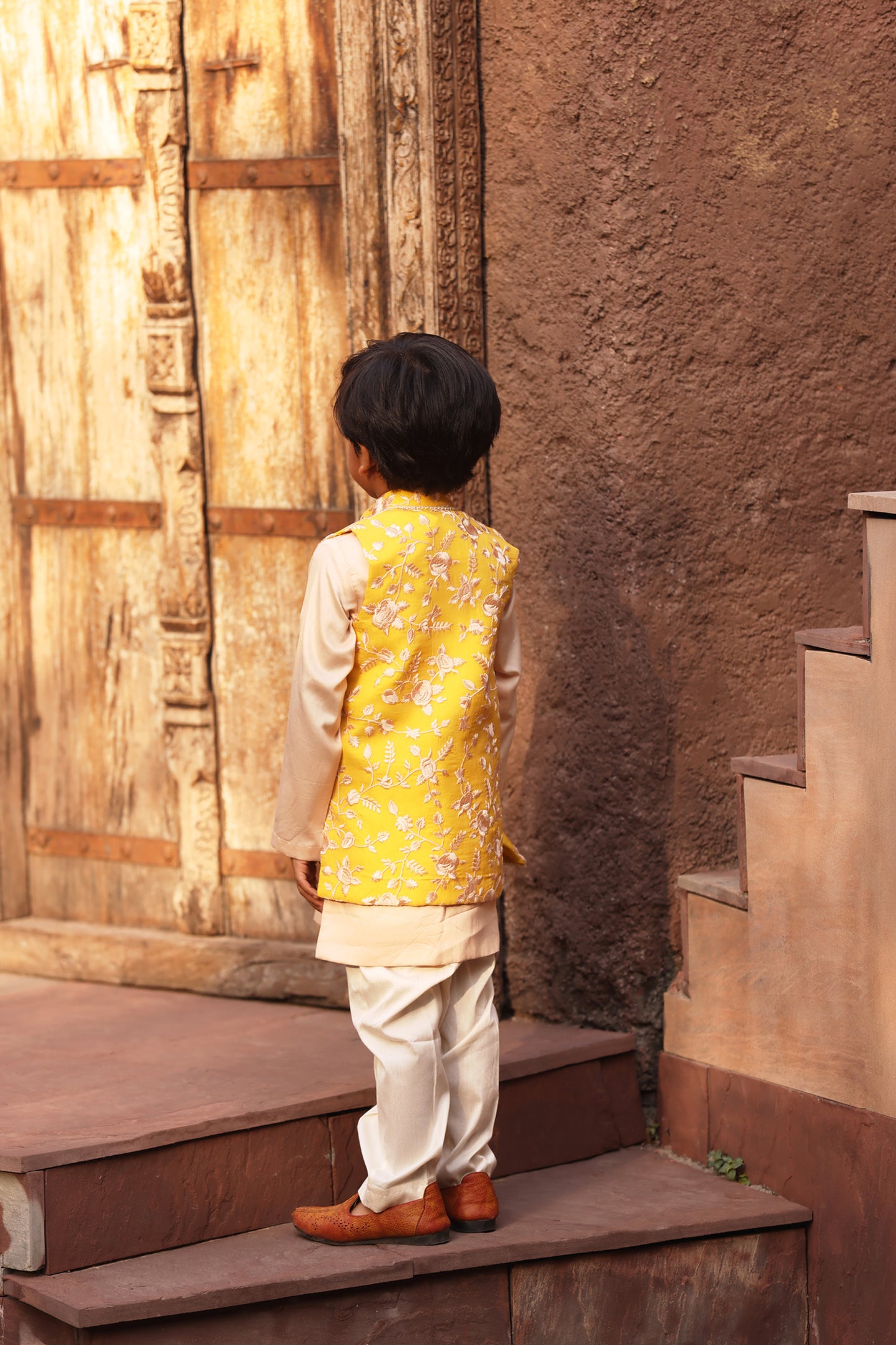 Yellow Parsi work Jacket with Kurta and Pant