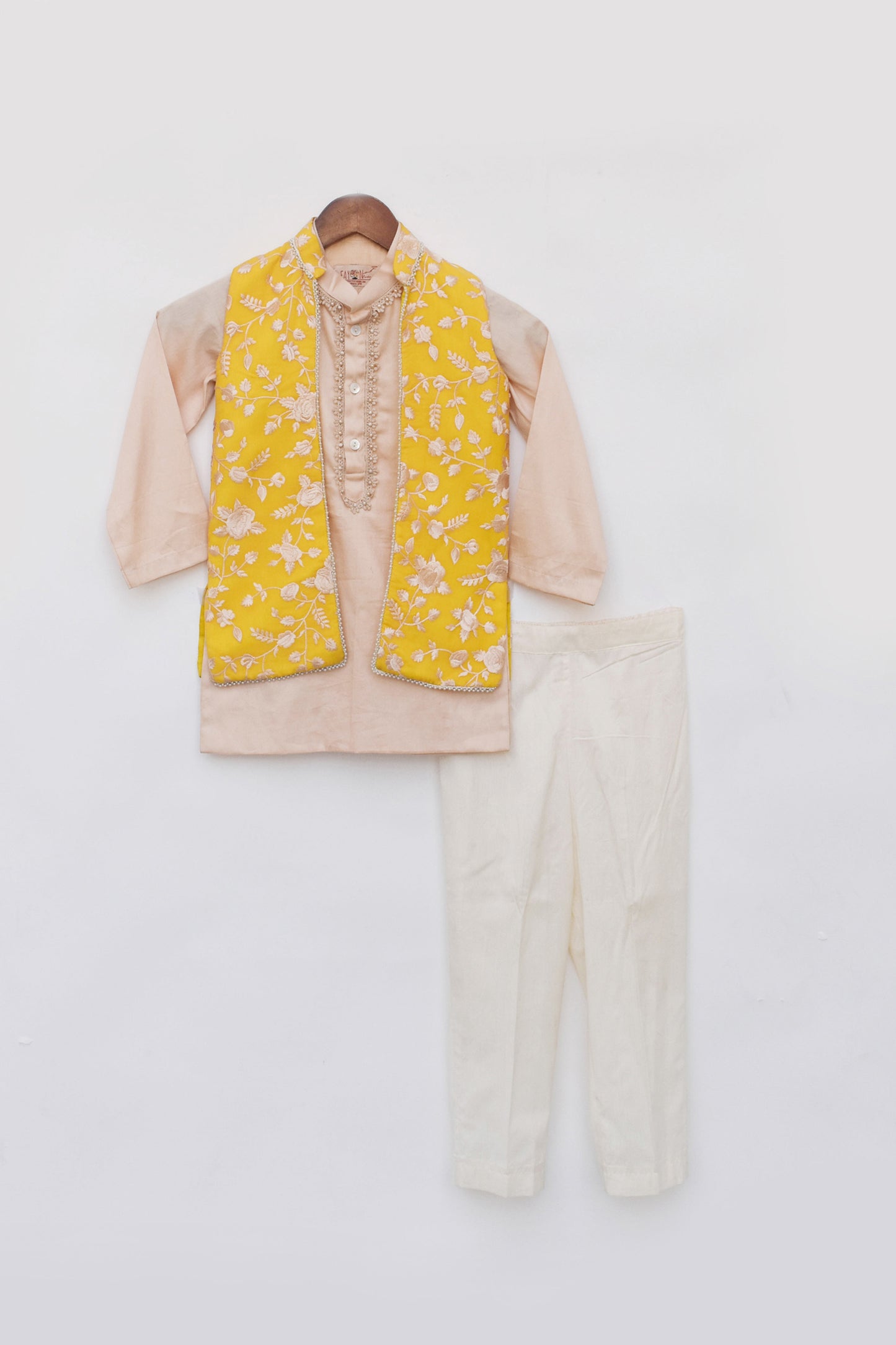 Yellow Parsi work Jacket with Kurta and Pant