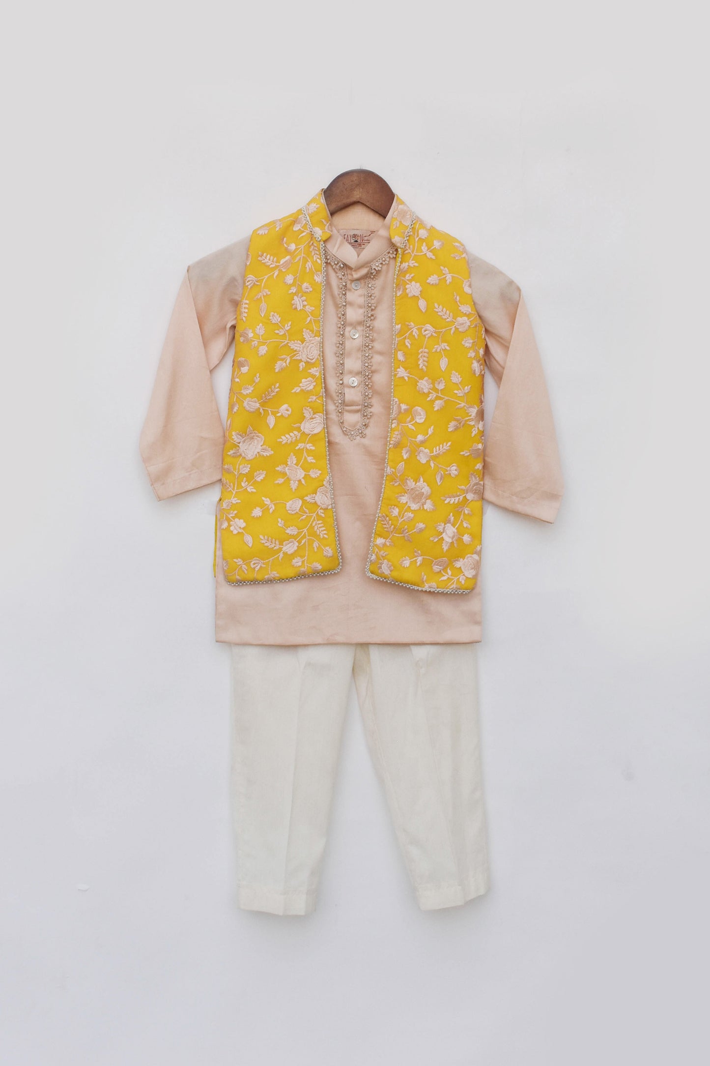 Yellow Parsi work Jacket with Kurta and Pant