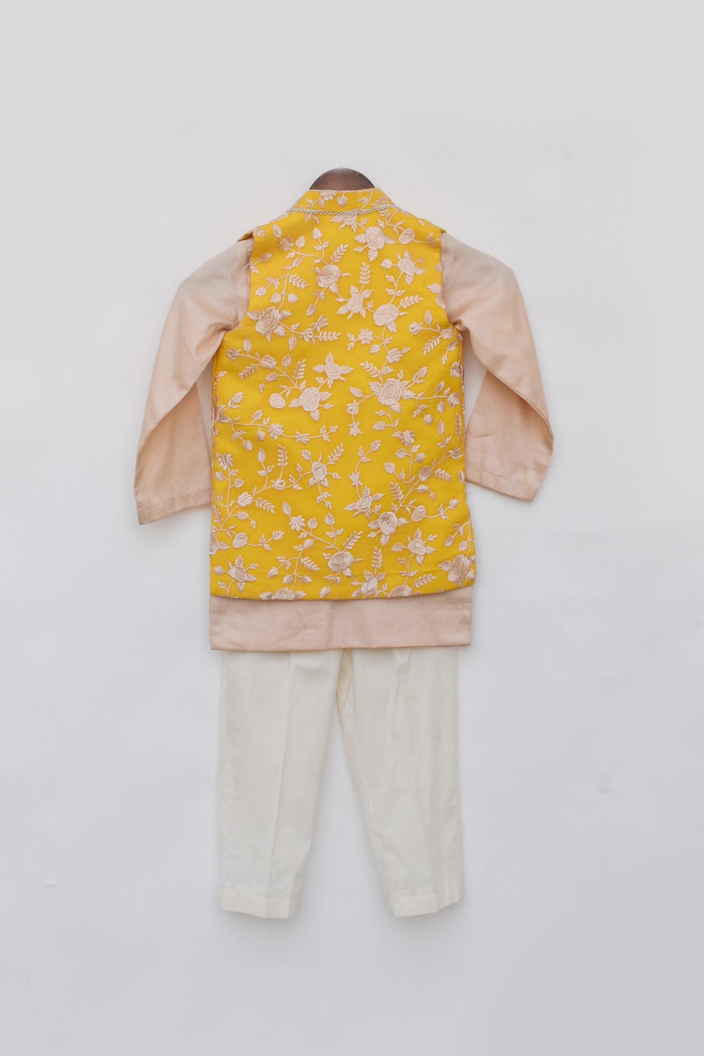 Yellow Parsi work Jacket with Kurta and Pant