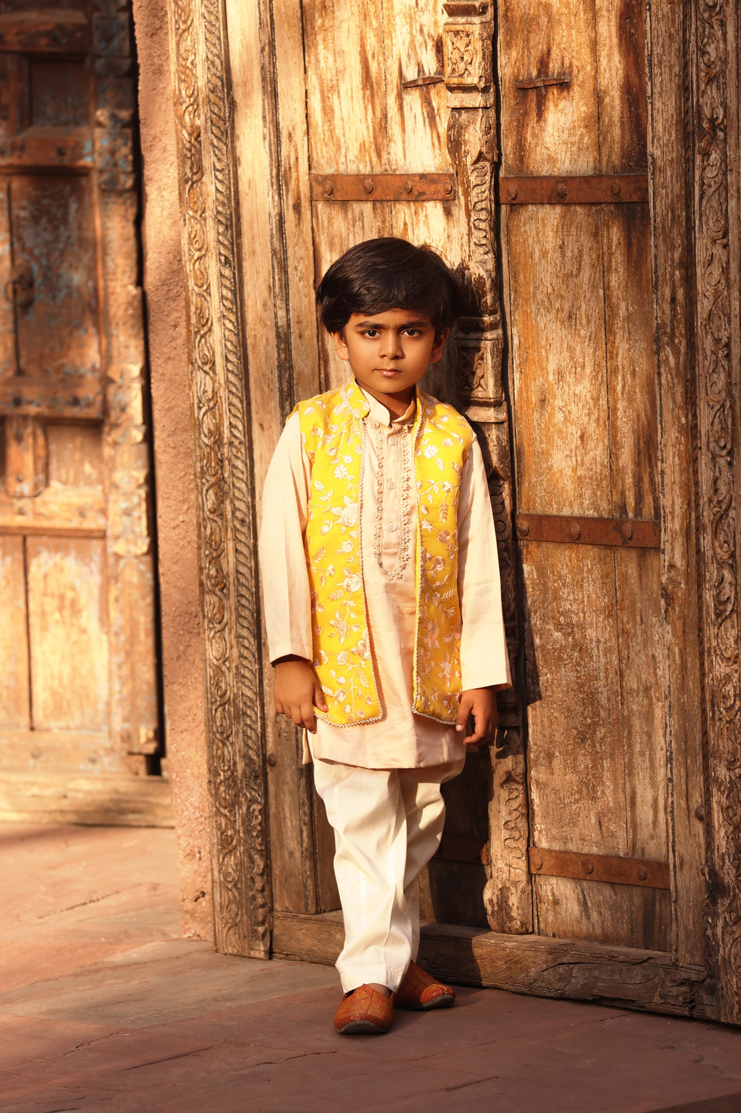 Yellow Parsi work Jacket with Kurta and Pant