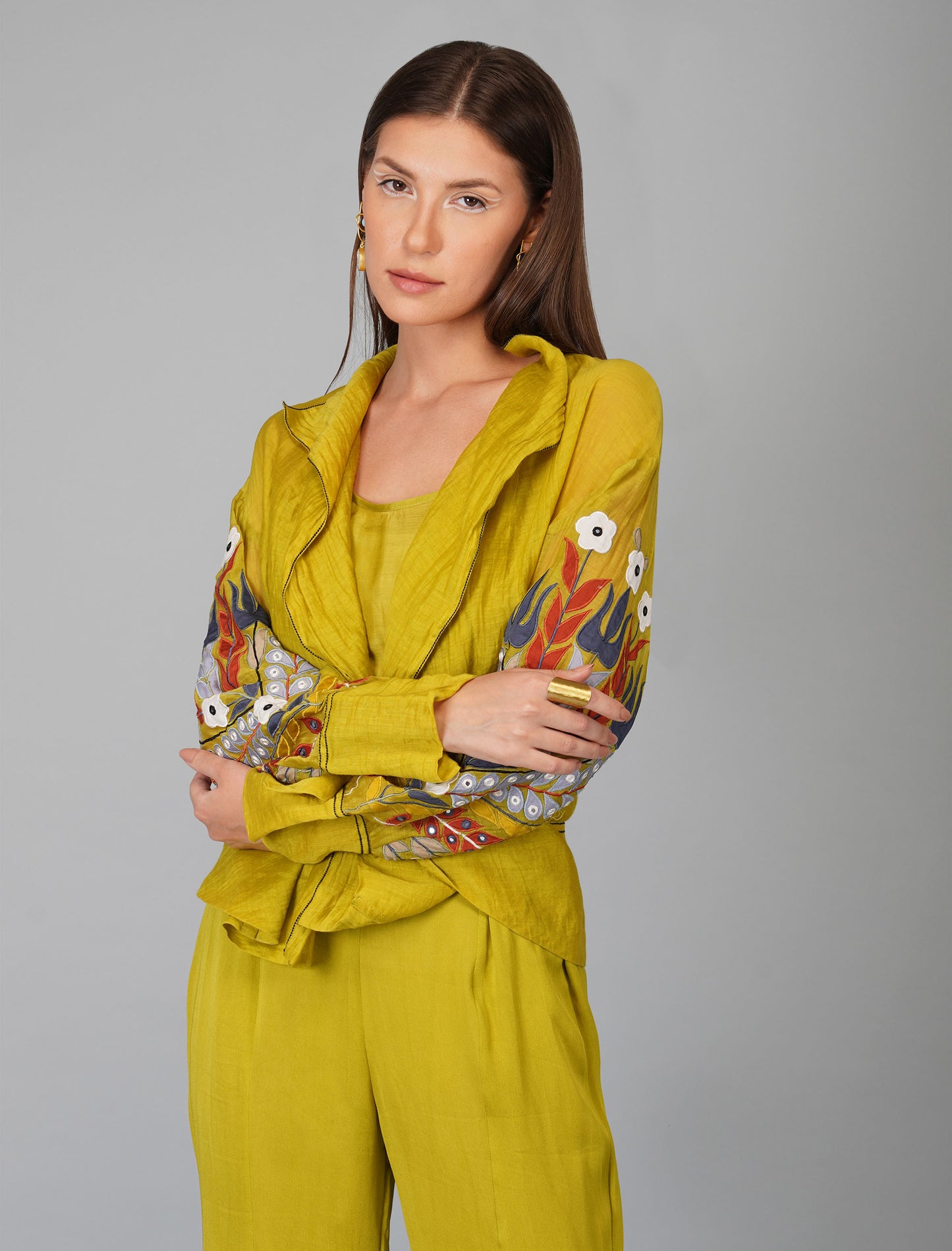 Applique Sleeve Belted Citrus Green Top Set