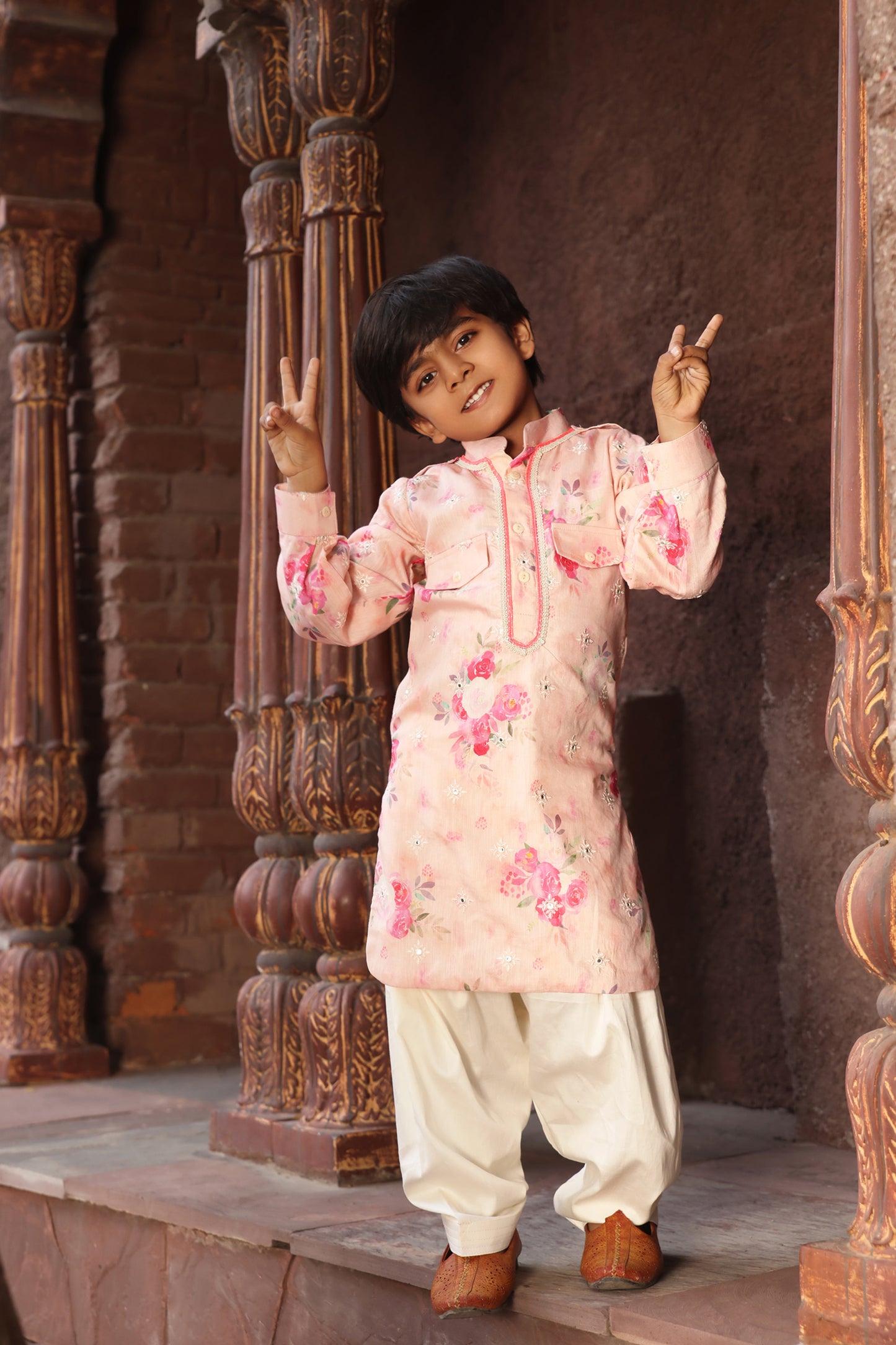 Peach Printed Kurta with Salwar