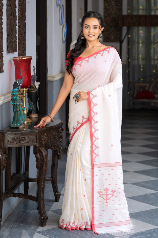 Handloom Off White Pure Cotton Laal Paar Jamdani Saree with Polka Motifs