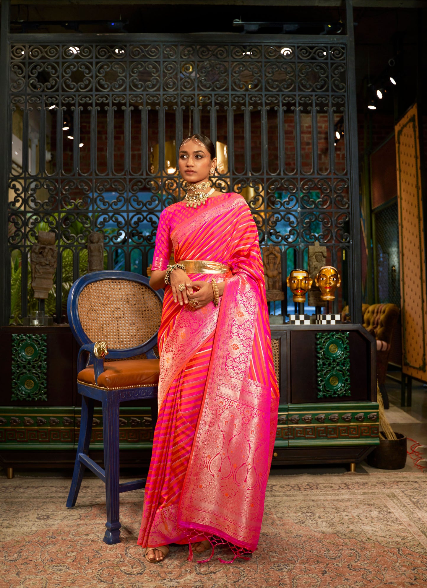 Coral Pink Karadhya Pure Satin Handloom Saree