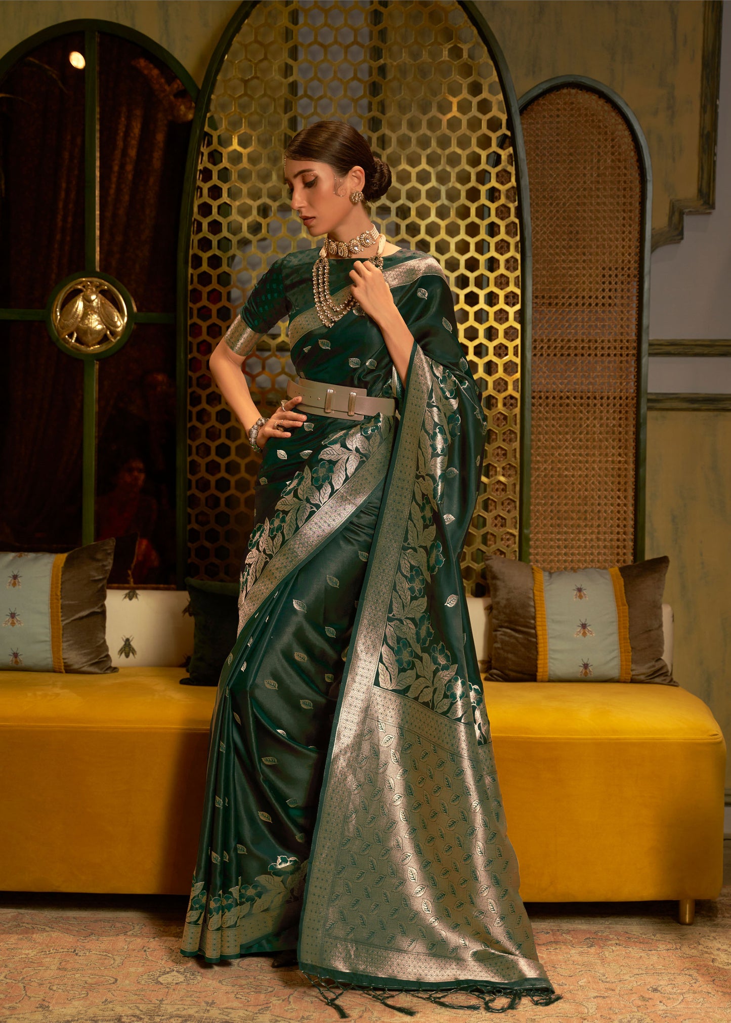 Forest Green Karadhya Pure Satin Handloom Saree